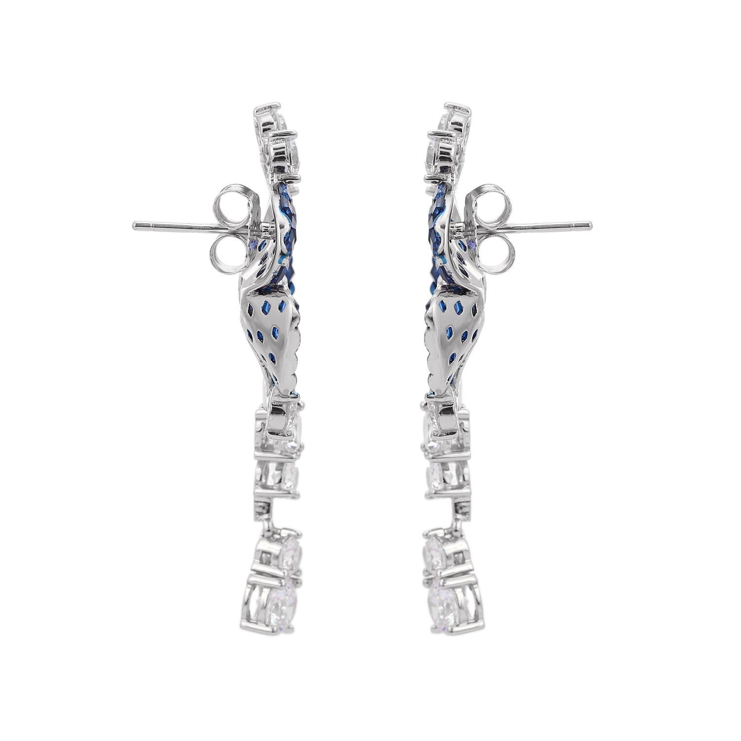 Vivid Bluecolor Rhinestone Flower Wedding Drop Earrings in 925 Sterling Silver In New Condition For Sale In New York, NY
