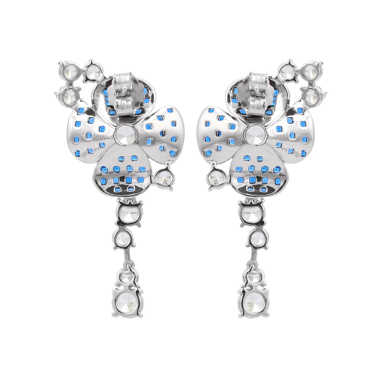 Vivid Bluecolor Rhinestone Flower Wedding Drop Earrings in 925 Sterling Silver For Sale 1