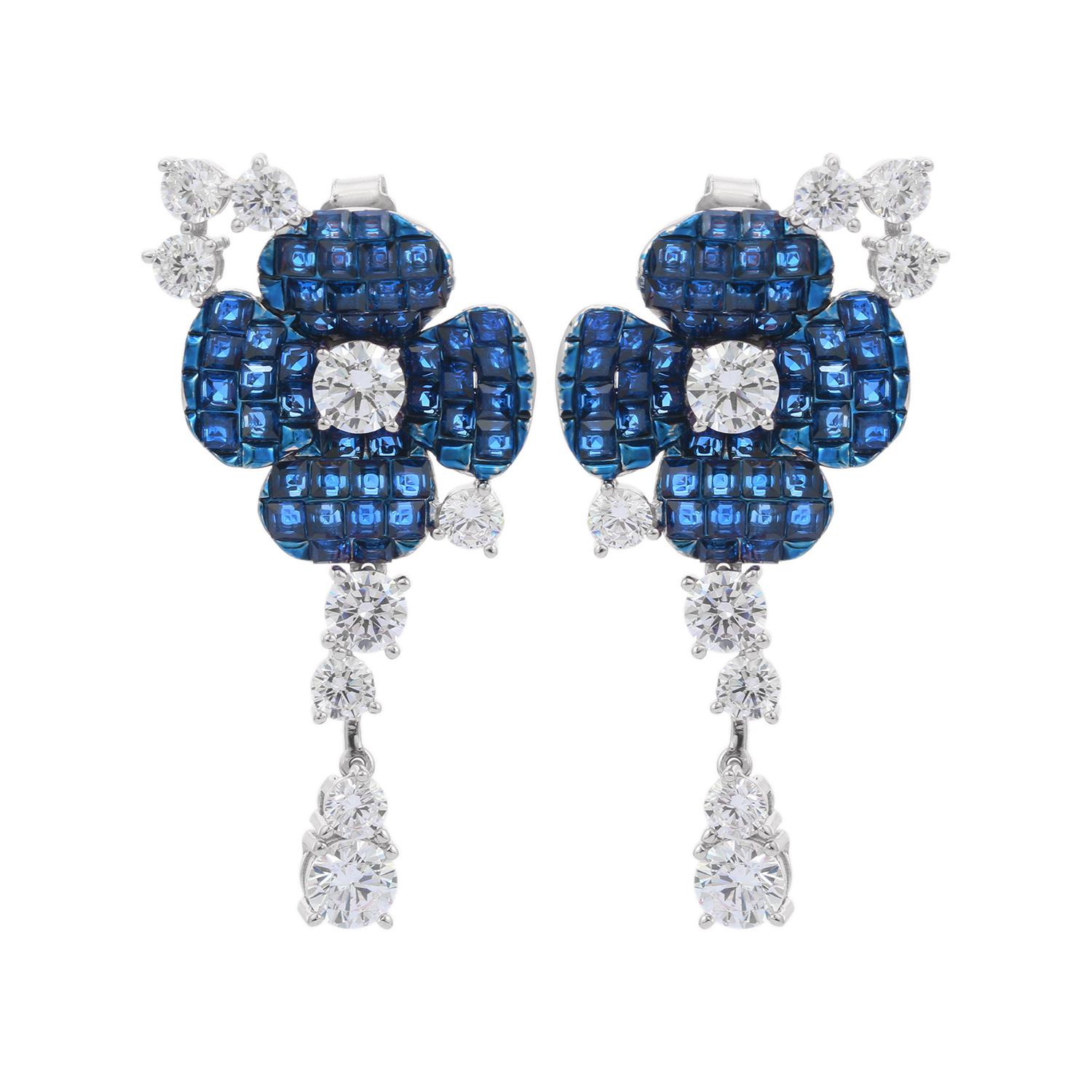 Vivid Bluecolor Rhinestone Flower Wedding Drop Earrings in 925 Sterling Silver For Sale 3