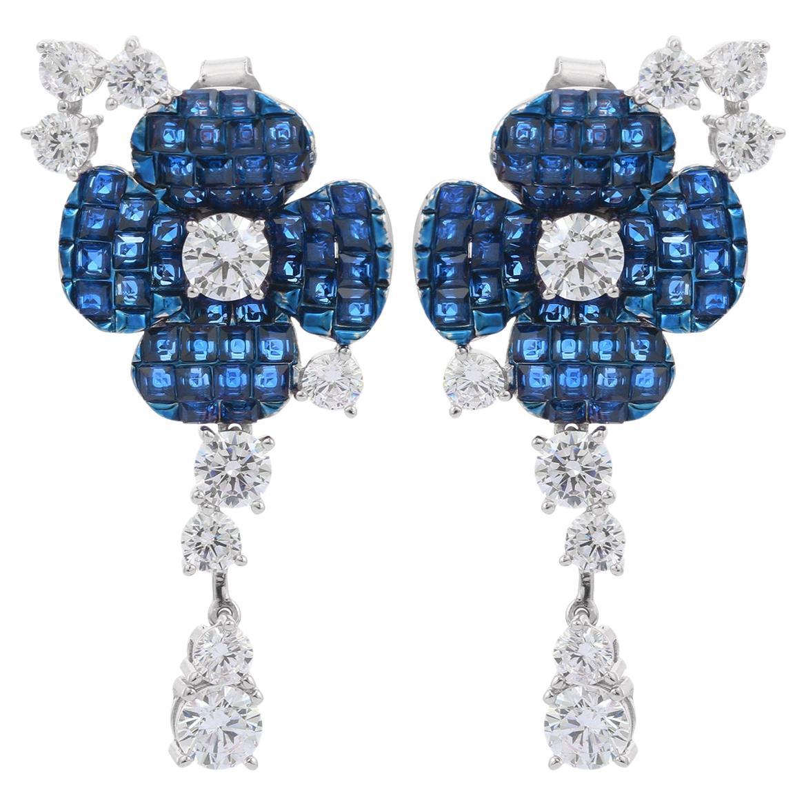 Vivid Bluecolor Rhinestone Flower Wedding Drop Earrings in 925 Sterling Silver For Sale