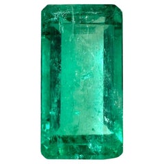 Vivid Bluish Green 4.26 Carat Elongated Emerald Cut Colombian Emerald - May