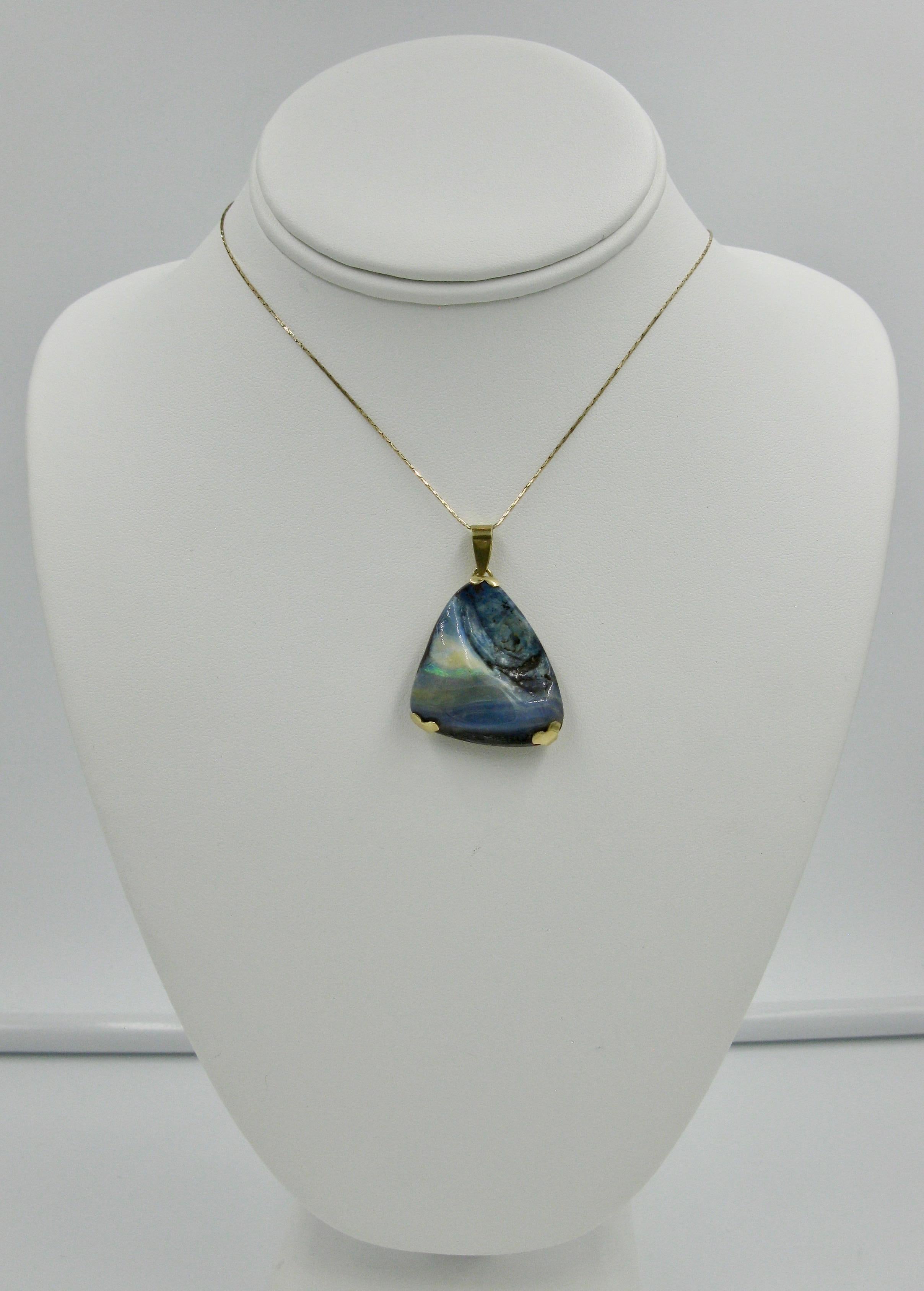 Vivid Boulder Opal Pendant 14 Karat Gold Midcentury Blue Green Gorgeous In Good Condition In New York, NY