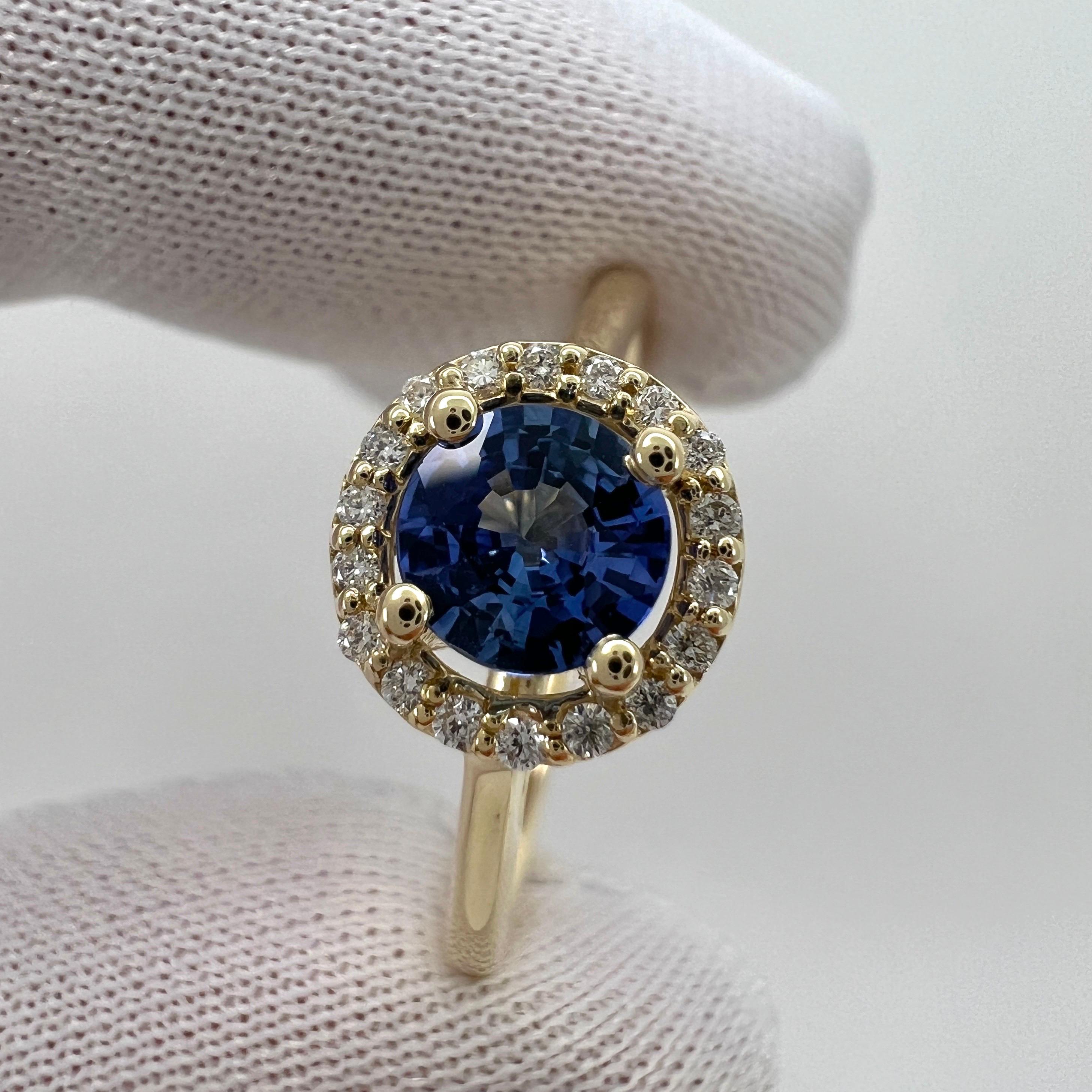 Vivid Bright Blue Ceylon Sapphire & Diamond Round Cut 18k Yellow Gold Halo Ring For Sale 1