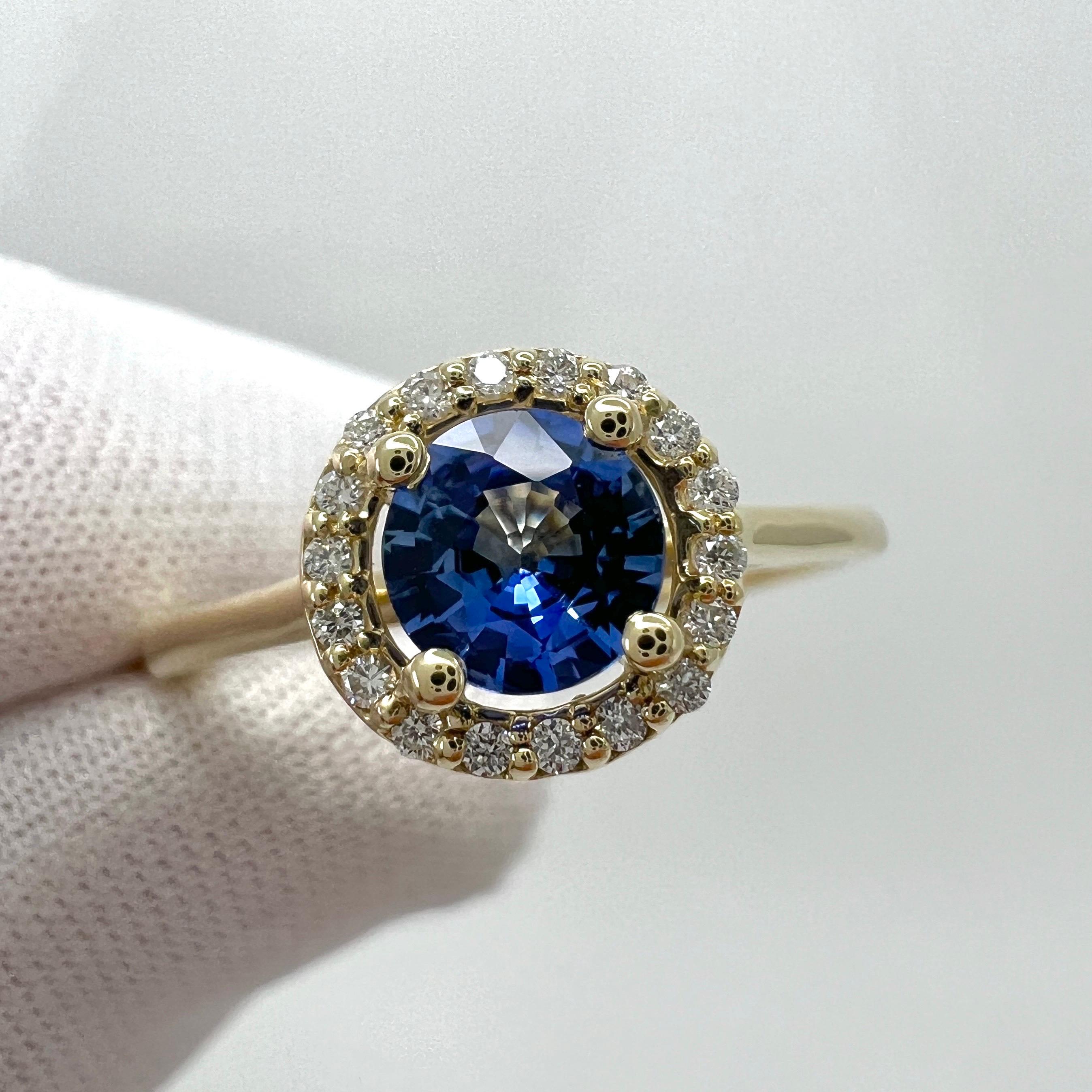Vivid Bright Blue Ceylon Sapphire & Diamond Round Cut 18k Yellow Gold Halo Ring For Sale 2