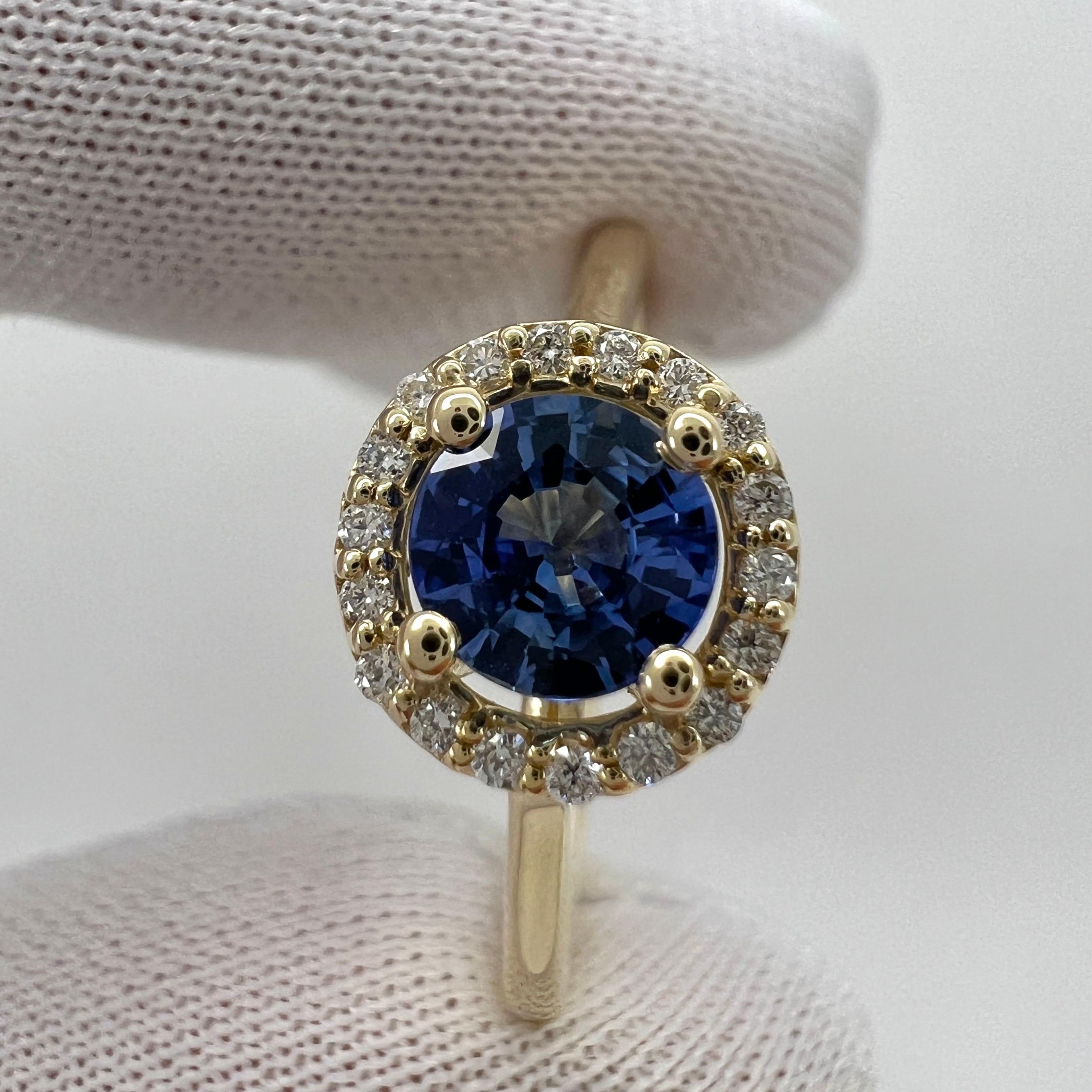 Vivid Bright Blue Ceylon Sapphire & Diamond Round Cut 18k Yellow Gold Halo Ring For Sale 3