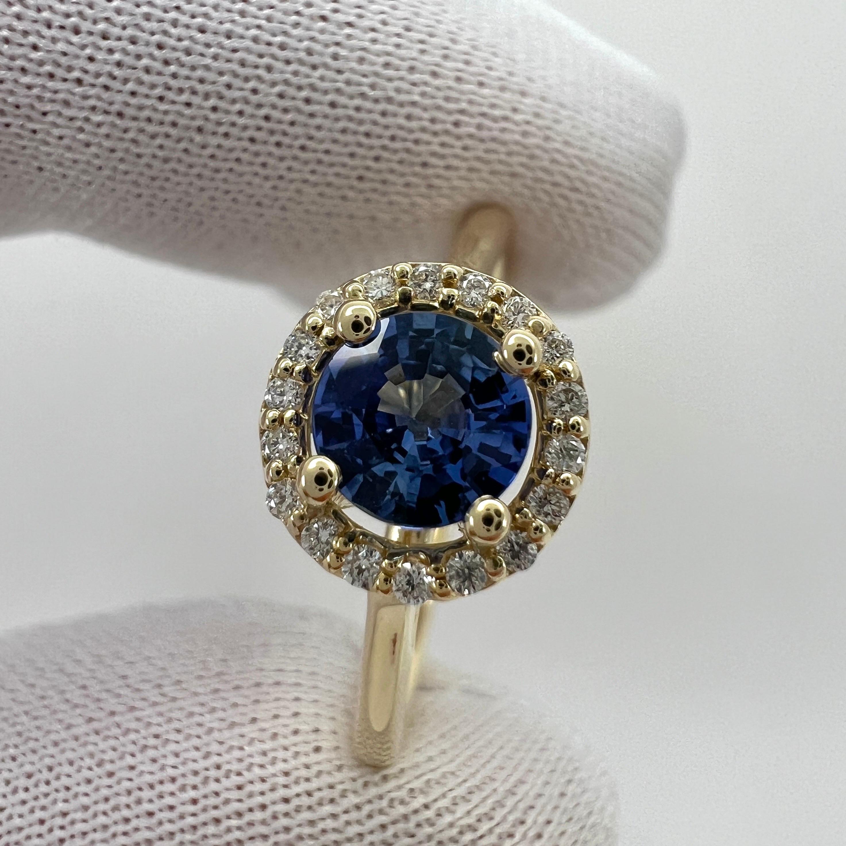 Vivid Bright Blue Ceylon Sapphire & Diamond Round Cut 18k Yellow Gold Halo Ring For Sale 4