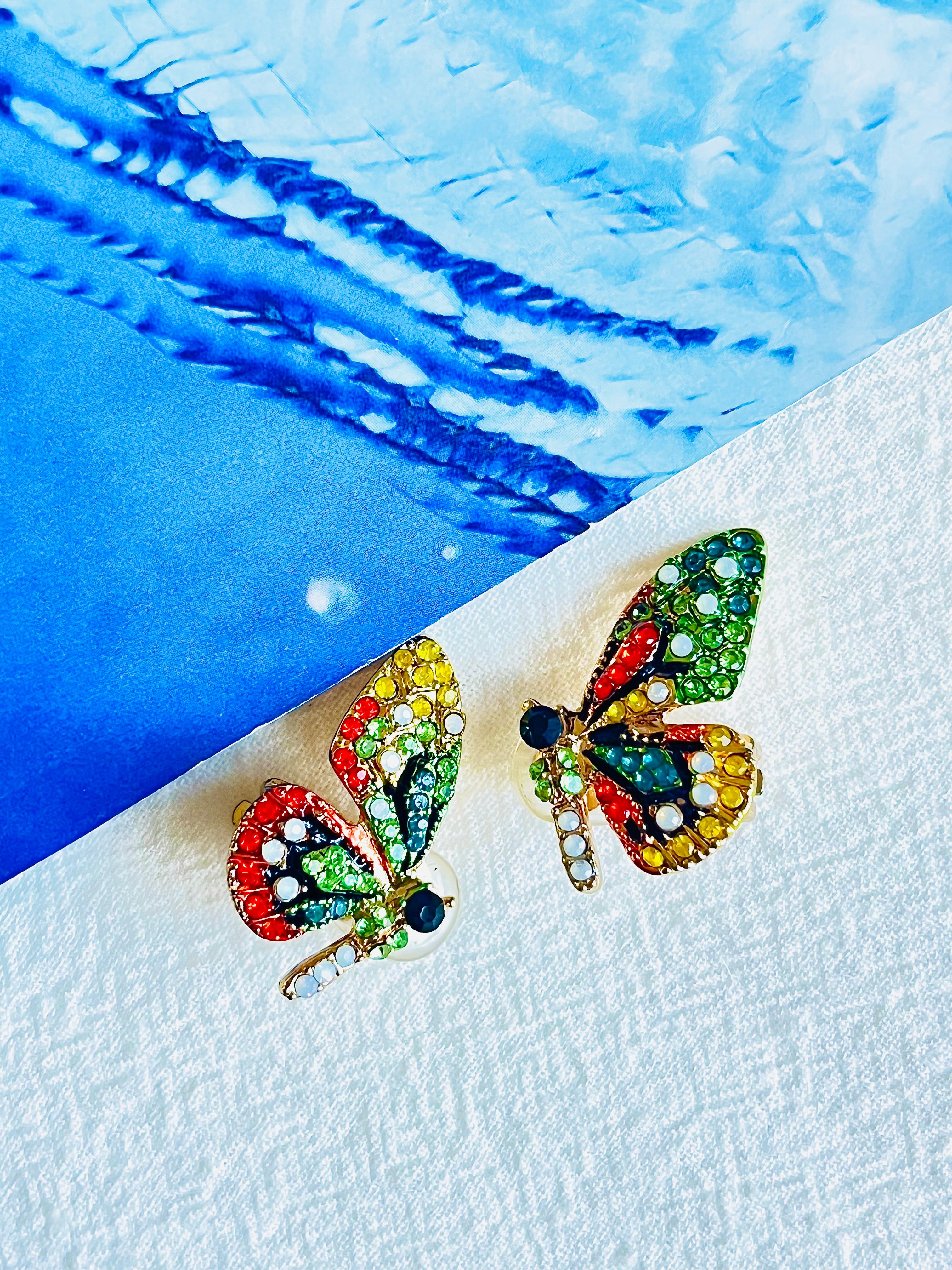 Art Deco Vivid Butterfly Swarovski Crystals Black Orange Green Blue Yellow Clip Earrings For Sale