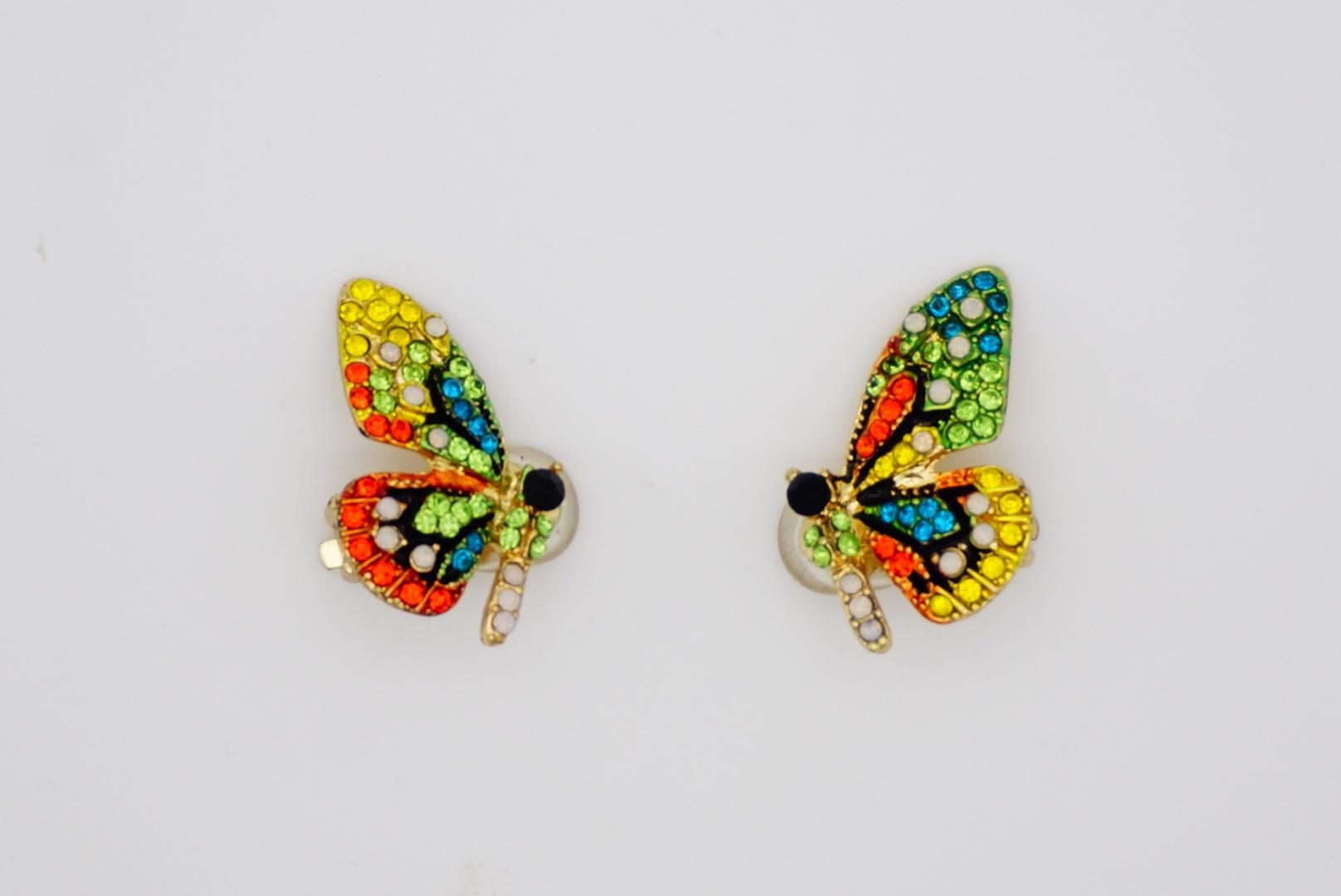 Vivid Butterfly Swarovski Crystals Black Orange Green Blue Yellow Clip Earrings For Sale 1