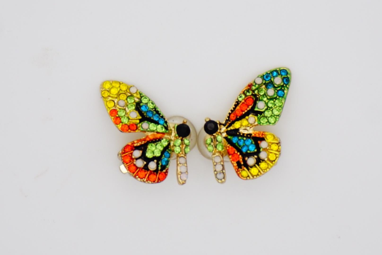 Vivid Butterfly Swarovski Crystals Black Orange Green Blue Yellow Clip Earrings For Sale 2
