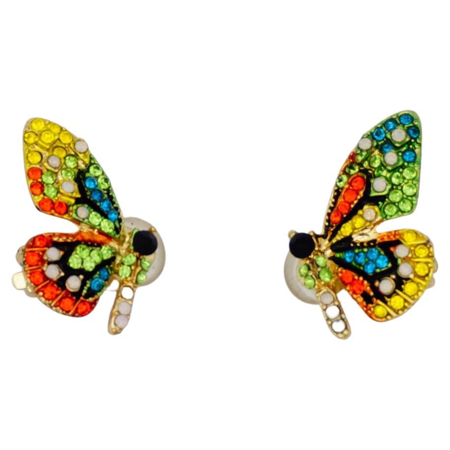 Vivid Butterfly Swarovski Crystals Black Orange Green Blue Yellow Clip Earrings For Sale