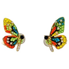Vivid Butterfly Swarovski Crystals Black Orange Green Blue Yellow Clip Earrings