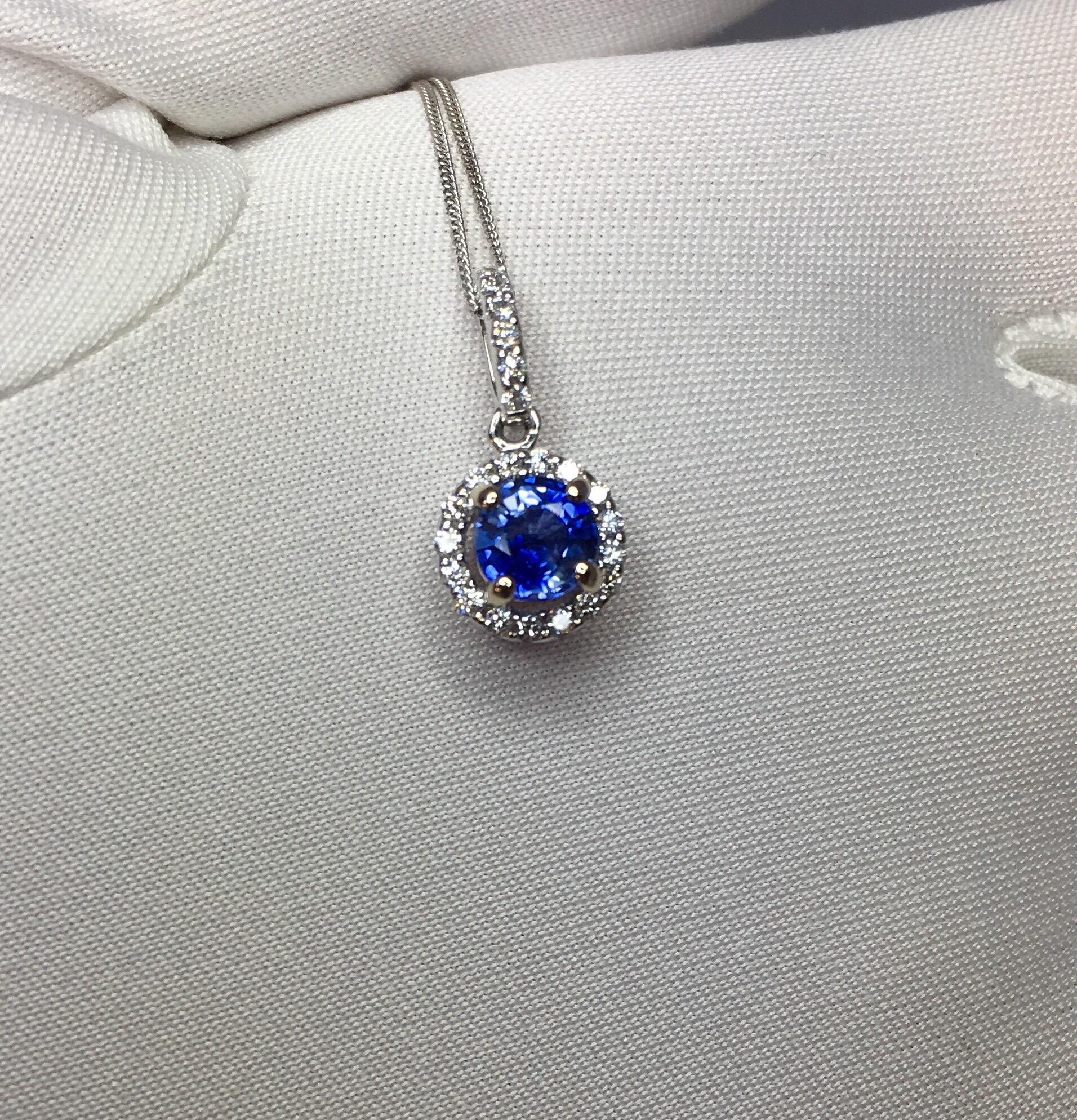 Round Cut Vivid Ceylon Blue Sapphire and Diamond 18 Karat Gold Round Pendant Necklace