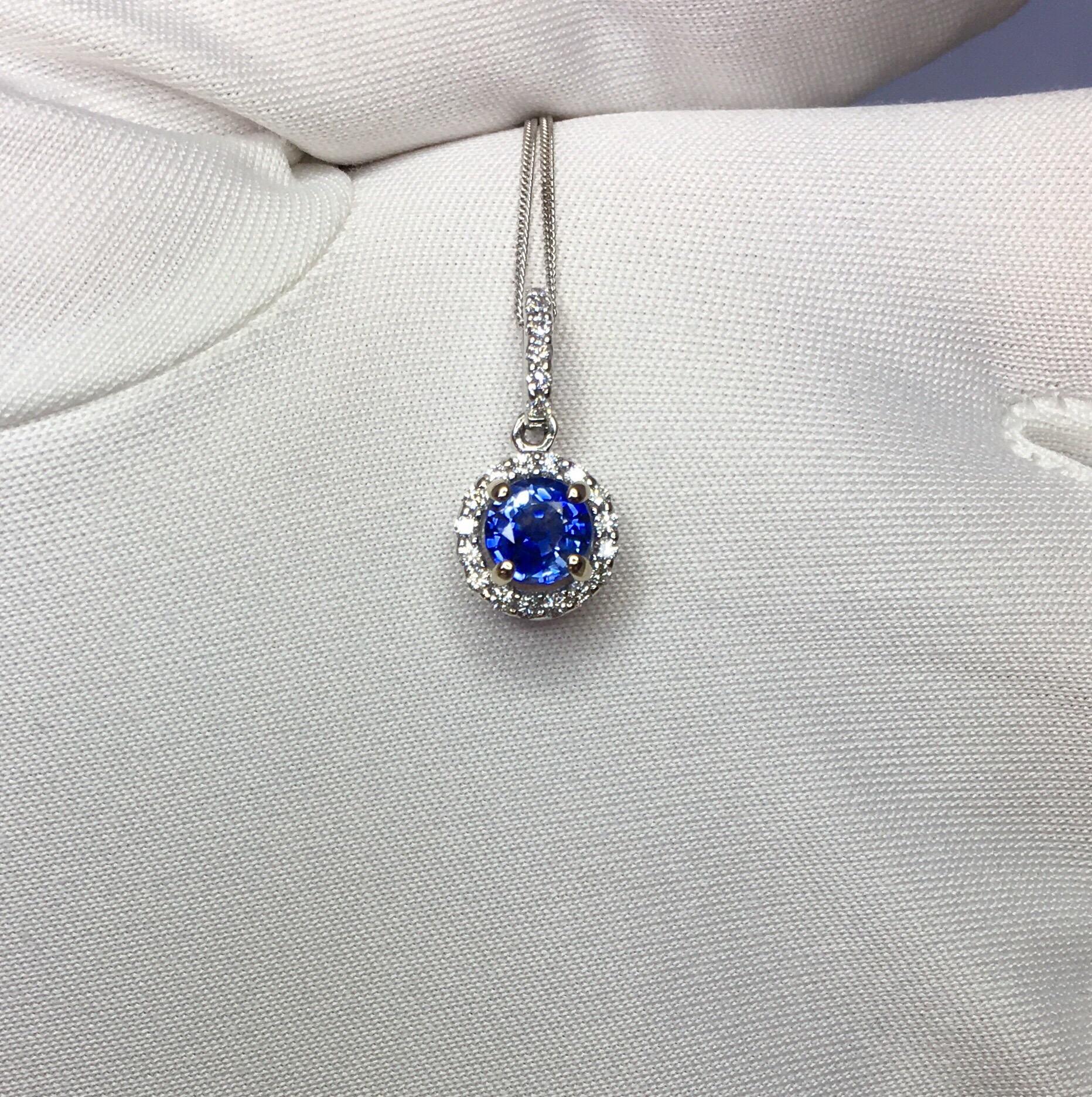 Vivid Ceylon Blue Sapphire and Diamond 18 Karat Gold Round Pendant Necklace 1