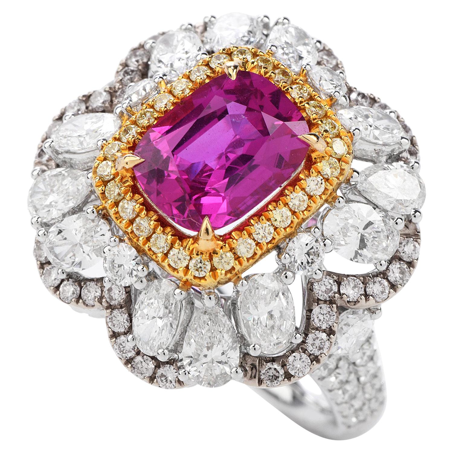 Vivid Ceylon Pink Sapphire Fancy Diamond 18 Karat Gold Large Cocktail Ring