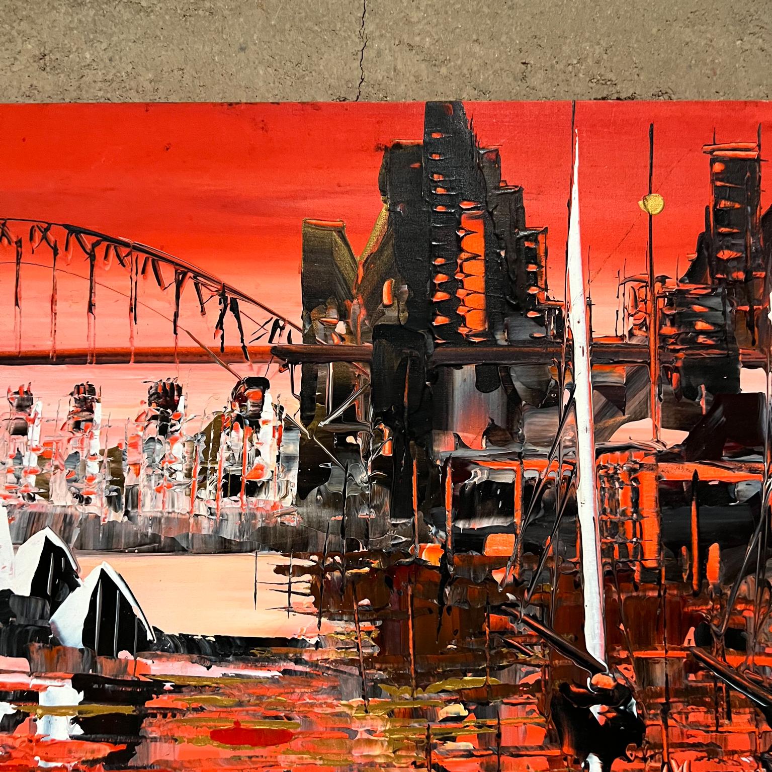 Canvas Vivid Color Sydney Au Cityscape Oil Painting Artwork by Mark Kasav For Sale