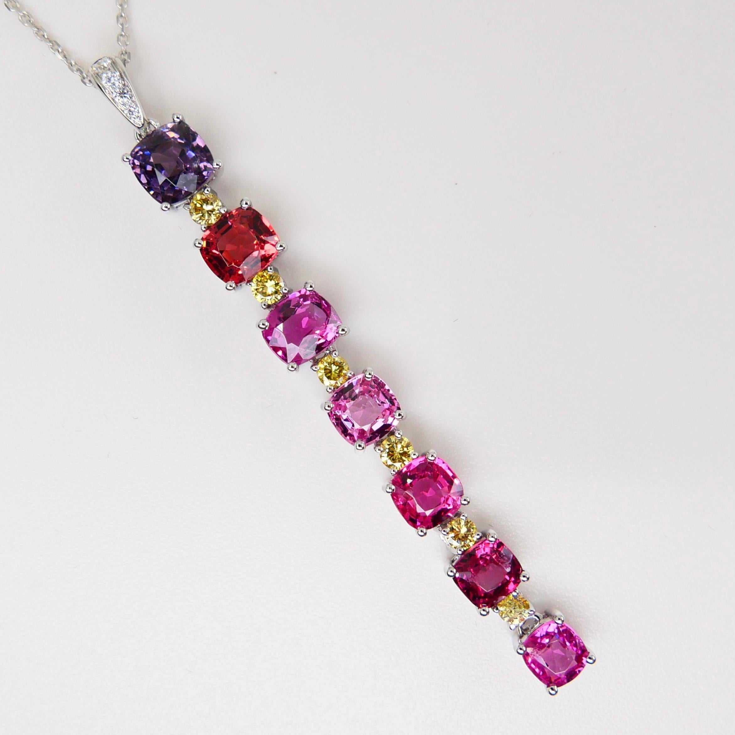 Vivid Colored Spinels, White & Fancy Yellow Diamond Pendant Drop Necklace, Glows For Sale 7