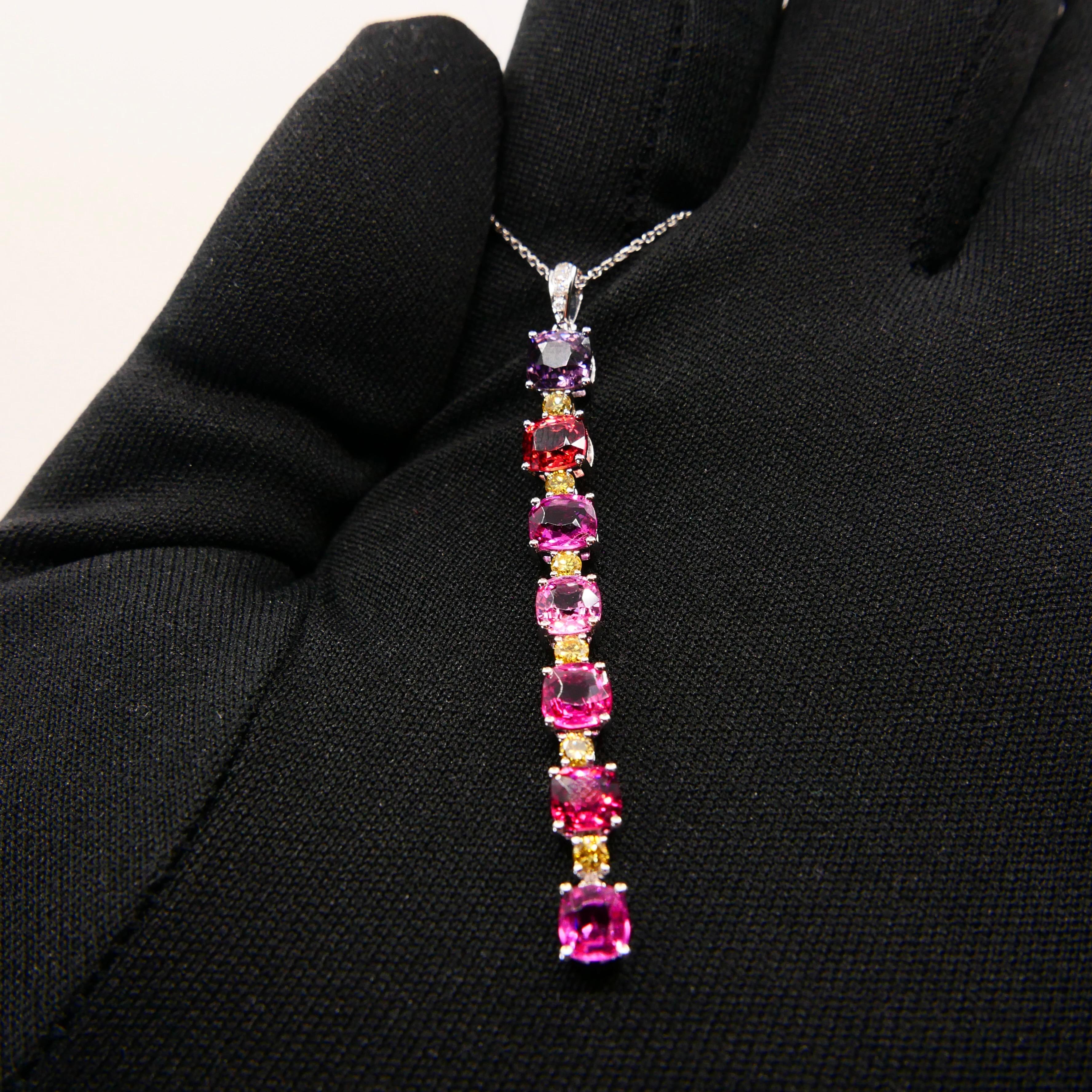 Vivid Colored Spinels, White & Fancy Yellow Diamond Pendant Drop Necklace, Glows In New Condition For Sale In Hong Kong, HK