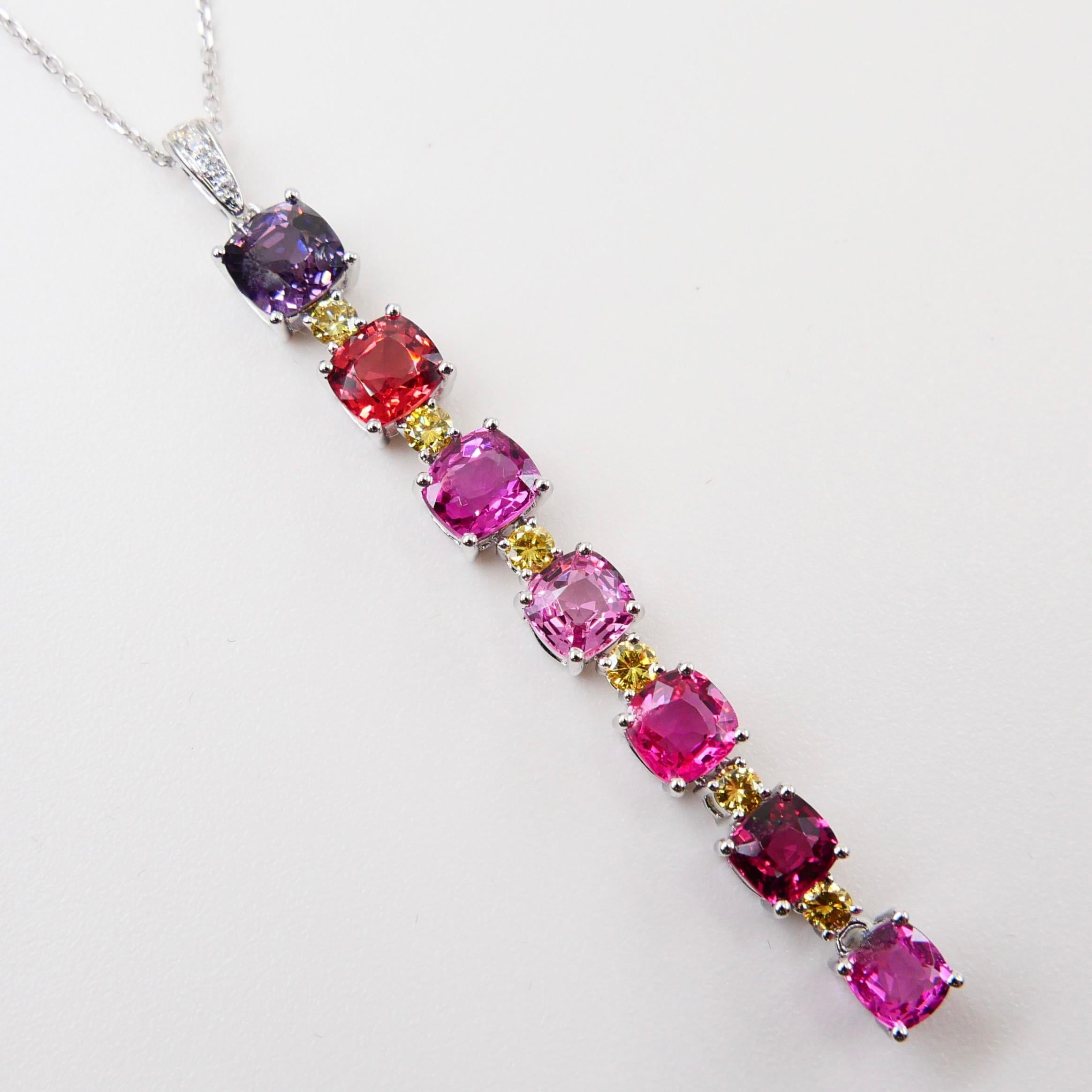 Women's Vivid Colored Spinels, White & Fancy Yellow Diamond Pendant Drop Necklace, Glows For Sale