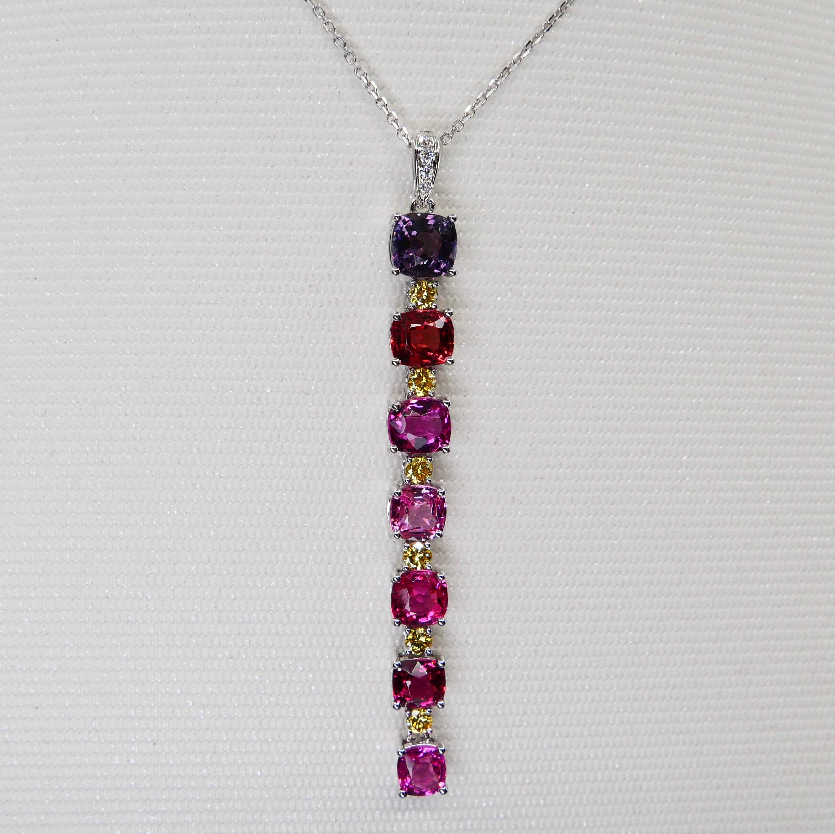 Vivid Colored Spinels, White & Fancy Yellow Diamond Pendant Drop Necklace, Glows For Sale 3
