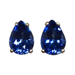 Vivid Cornflower Blue 2.25 Carat Ceylon Sapphire Pear Cut Gold Earring Studs