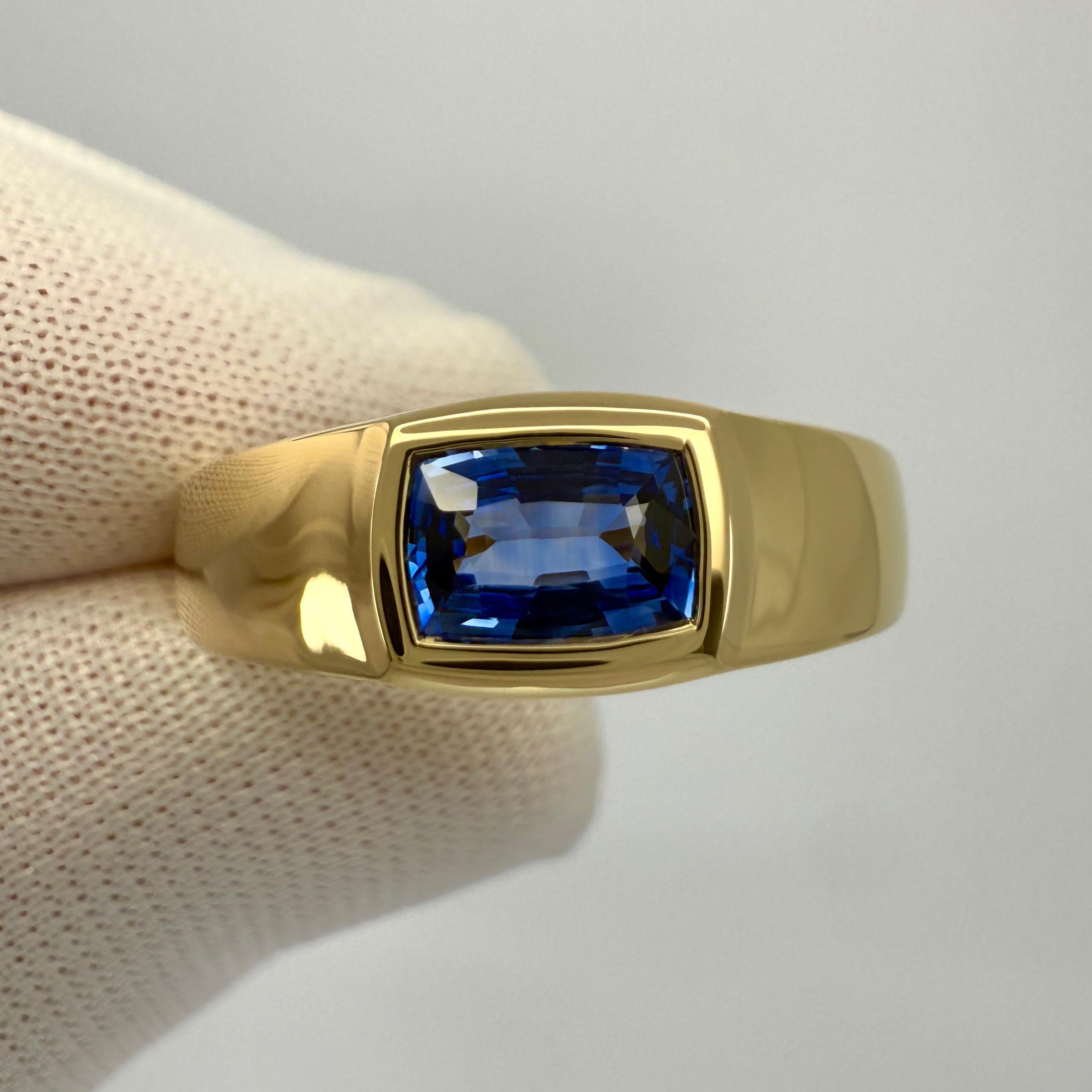 Natural Vivid Cornflower Blue Ceylon Sapphire 18k Yellow Gold Signet Style Band Ring.

Fine 0.56 carat sapphire with a vivid cornflower blue colour, excellent antique cushion cut and excellent clarity. VVS.
This is a top grade Ceylon (Sri Lankan)