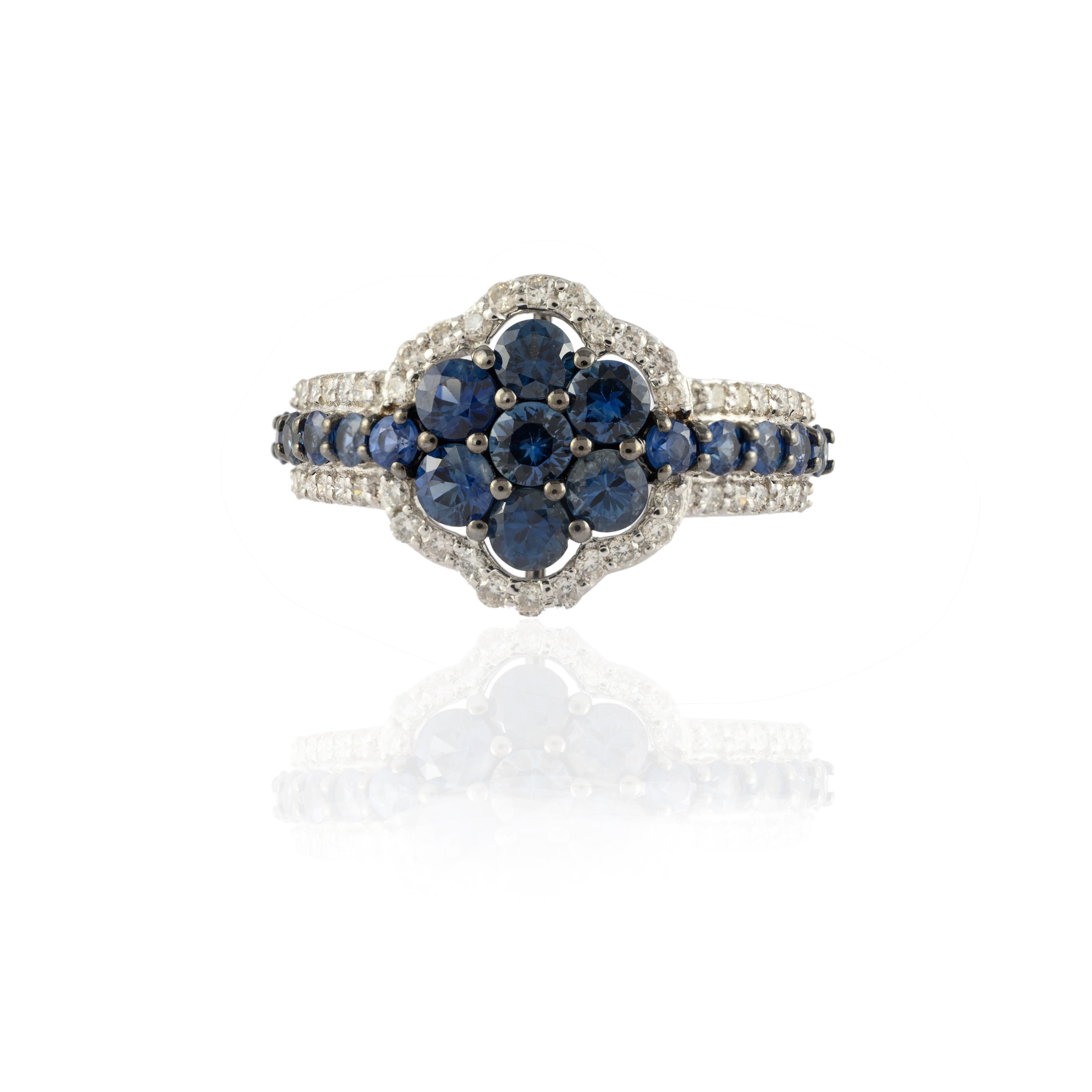 For Sale:  Unique Blue Sapphire Floral Ring with Diamonds in 14k Solid White Gold 2