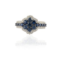 Unique Blue Sapphire Floral Ring with Diamonds in 14k Solid White Gold