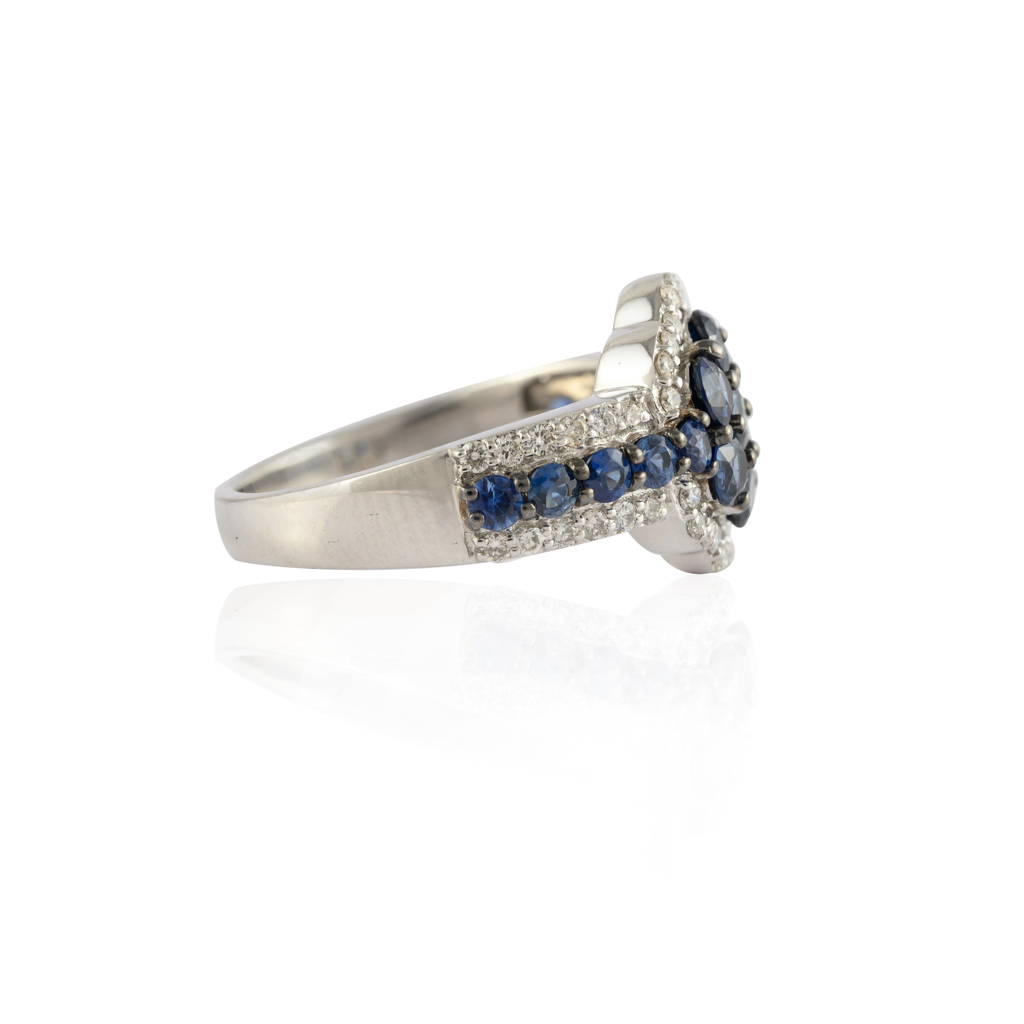 For Sale:  Unique Blue Sapphire Floral Ring with Diamonds in 14k Solid White Gold 3