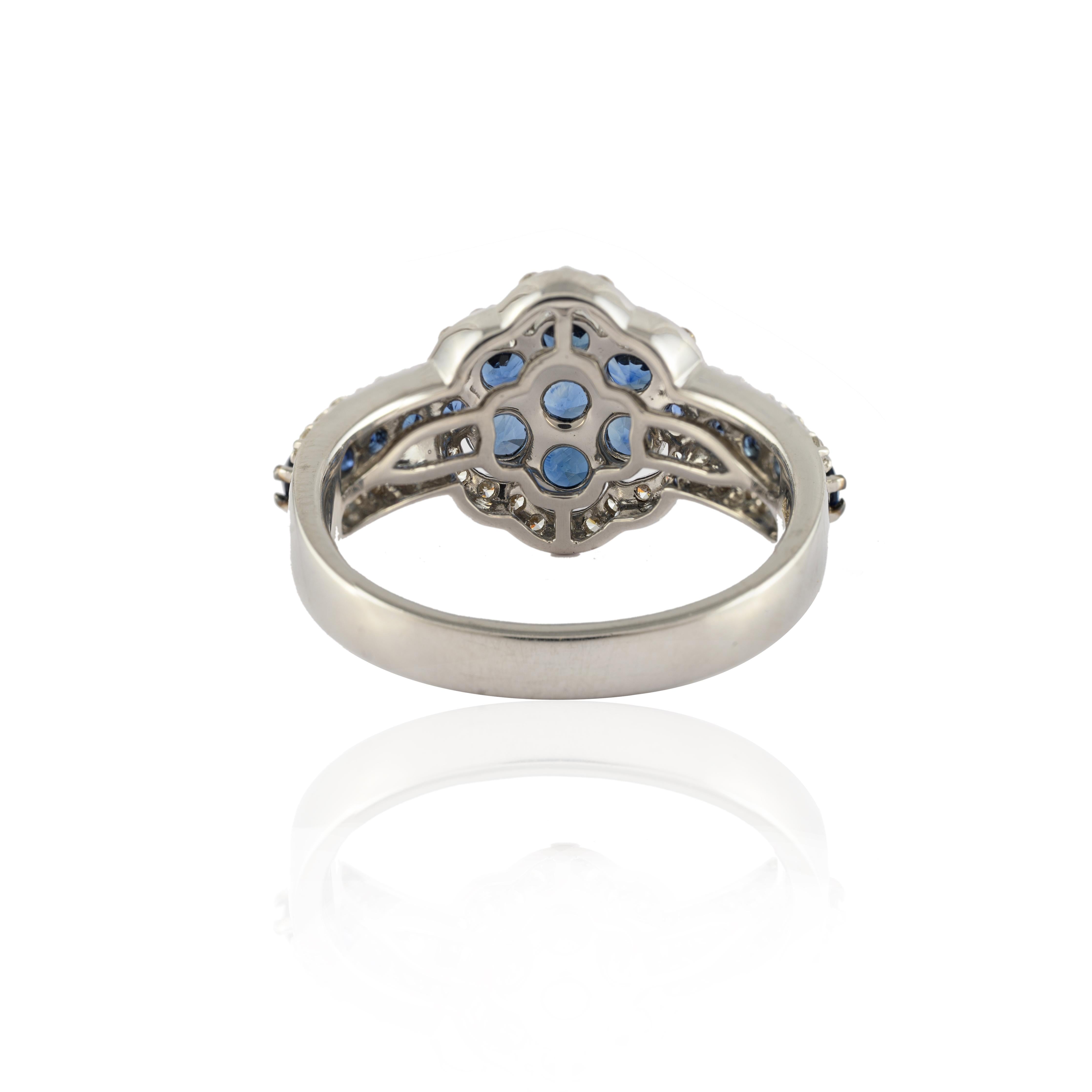 For Sale:  Unique Blue Sapphire Floral Ring with Diamonds in 14k Solid White Gold 4