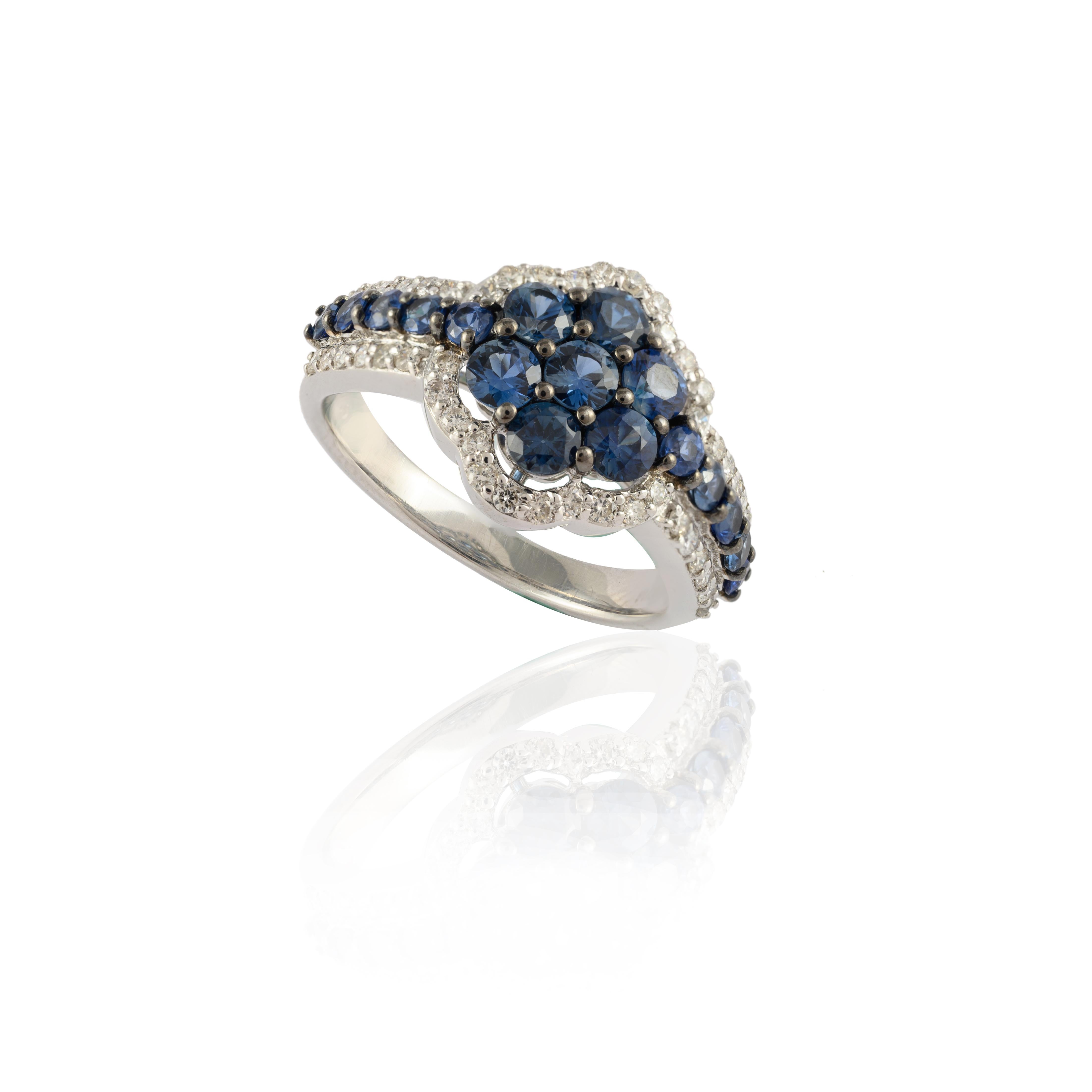 For Sale:  Unique Blue Sapphire Floral Ring with Diamonds in 14k Solid White Gold 5