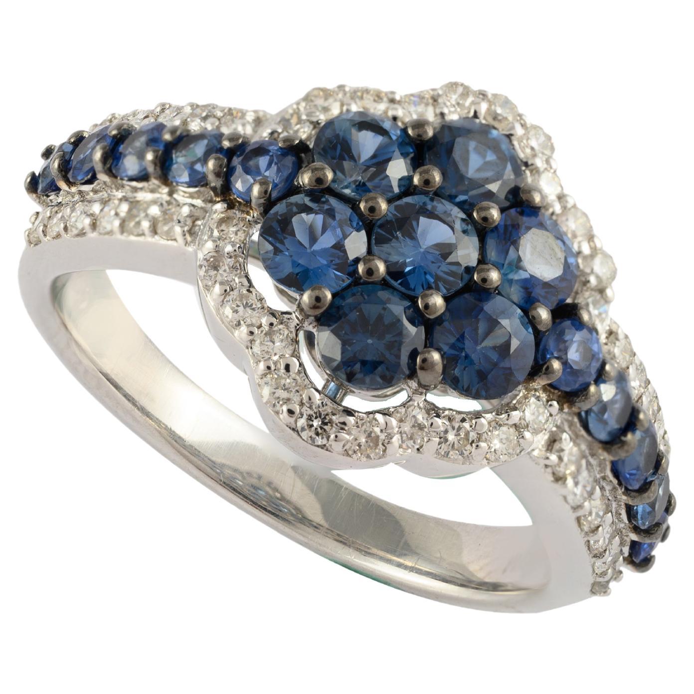 For Sale:  Unique Blue Sapphire Floral Ring with Diamonds in 14k Solid White Gold
