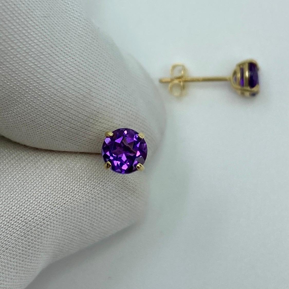 Vivid Deep Purple Amethyst 9k Yellow Gold Round Diamond Cut Earring Studs In New Condition For Sale In Birmingham, GB