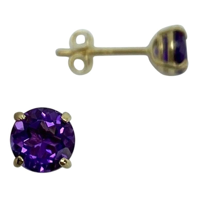 Vivid Deep Purple Amethyst 9k Yellow Gold Round Diamond Cut Earring Studs For Sale