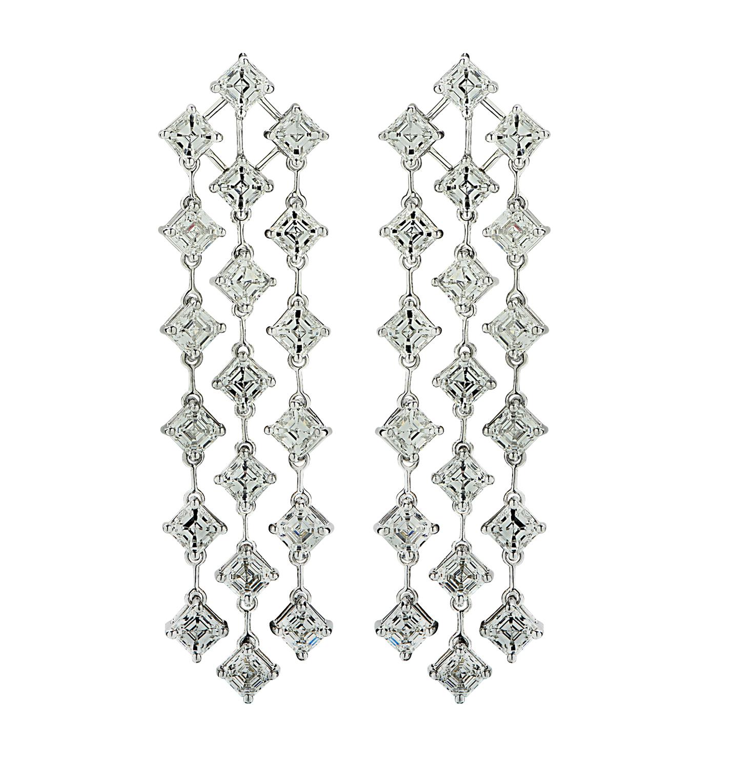 Modern Vivid Diamond 16 Carat Asscher Cut Diamond Dangle Earrings
