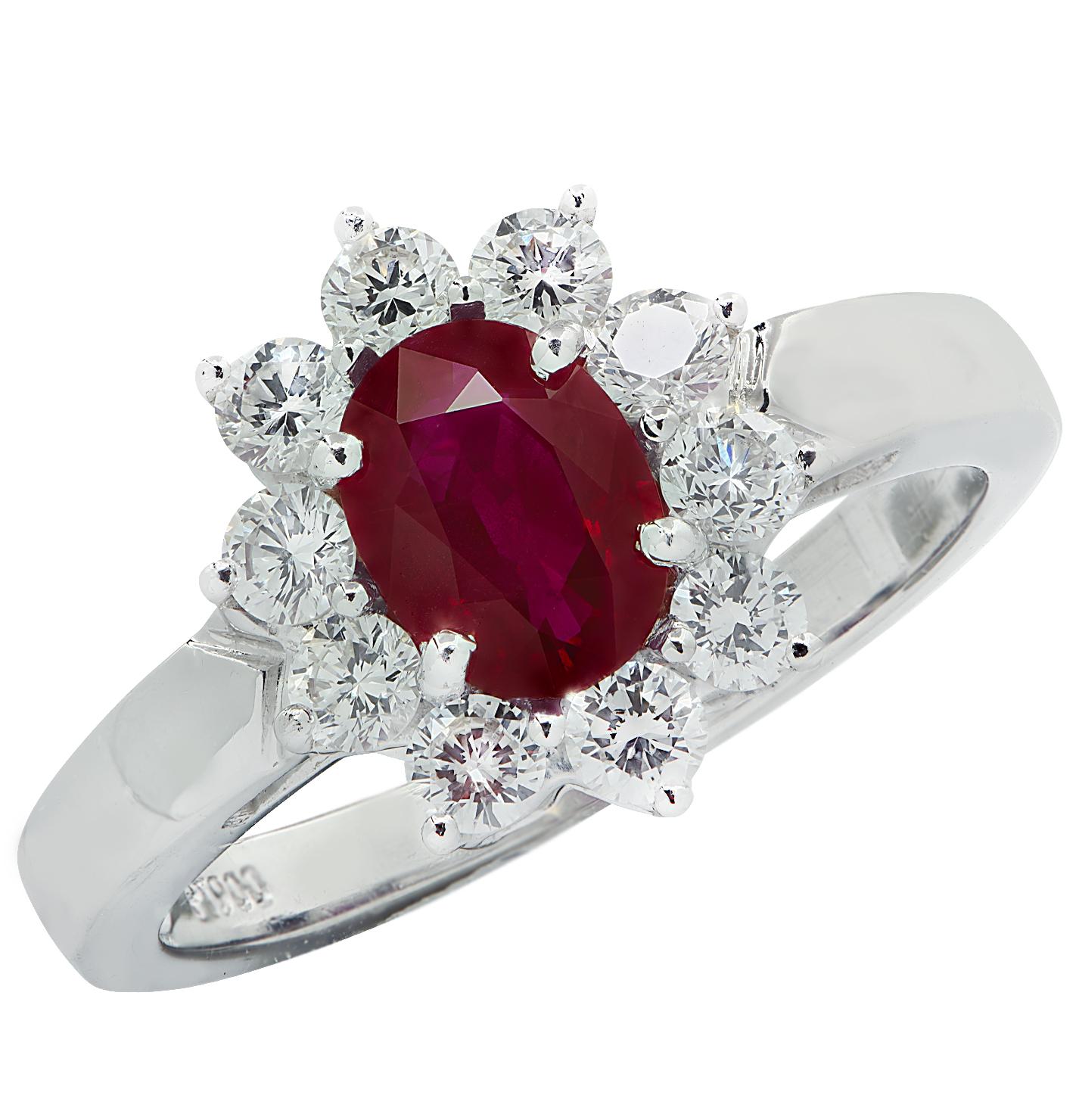 Oval Cut Vivid Diamonds 0.89 Carat Burma Ruby and Diamond Ring For Sale