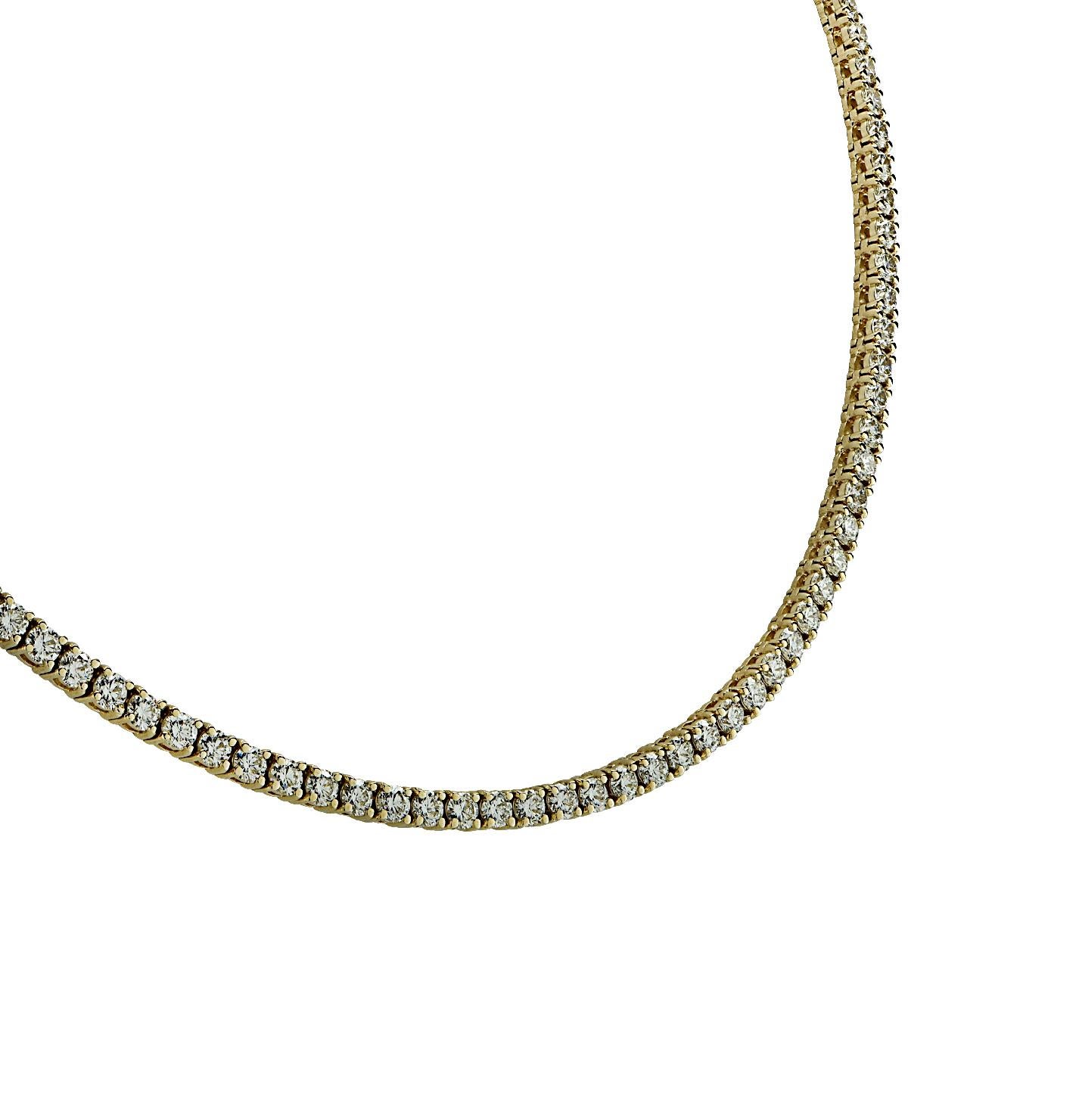 Round Cut Vivid Diamonds 10.07 Carat Straight Line Diamond Tennis Necklace For Sale