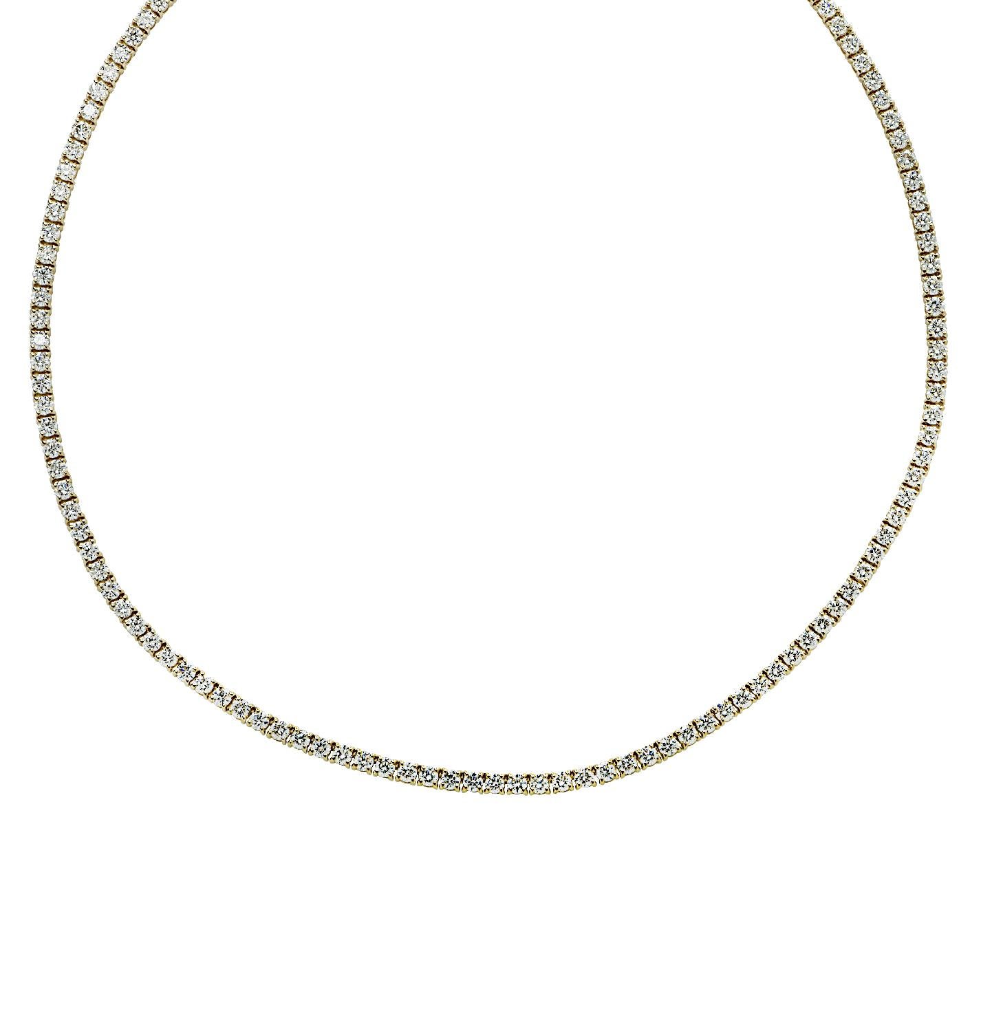 Round Cut Vivid Diamonds 10.38 Carat Straight Line Diamond Tennis Necklace For Sale
