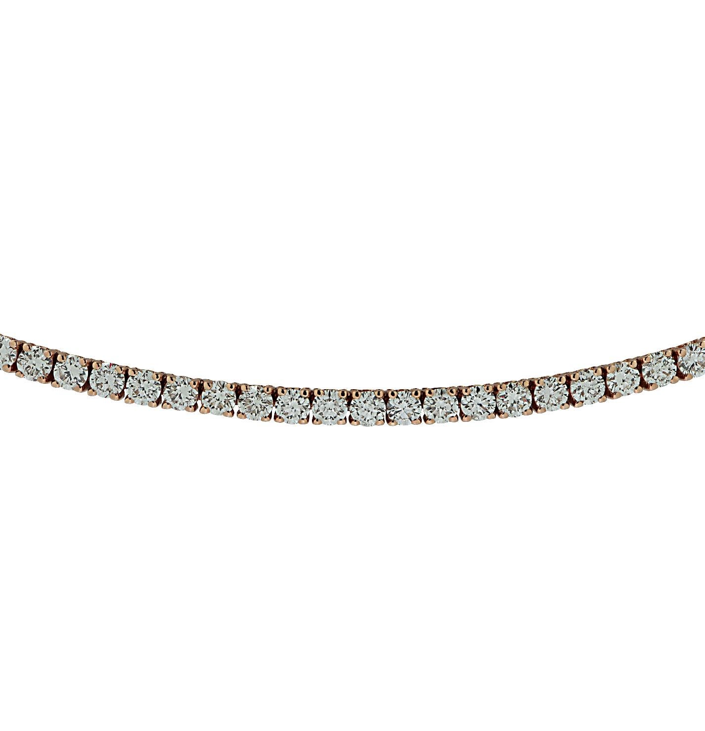 Modern Vivid Diamonds 10.56 Carat Rose Gold Straight Line Tennis Necklace For Sale