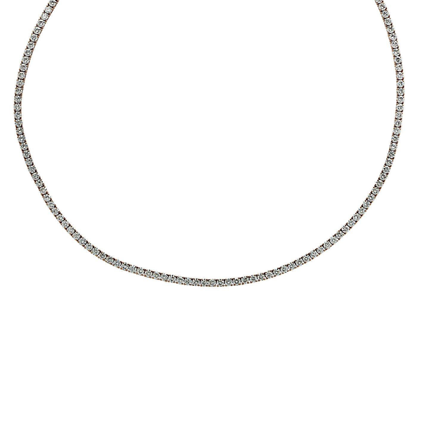 Exquisite Vivid Diamonds Straight Line diamond tennis necklace crafted in Rose Gold, showcasing round brilliant cut diamonds weighing 10.56 carats total, G color, VS-SI Clarity. Each diamond was carefully selected, perfectly matched and set in a