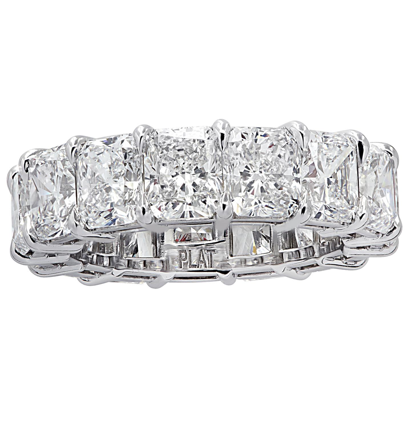 Exquisite Vivid Diamonds eternity band crafted in platinum, featuring 14 spectacular radiant cut diamonds weighing 10.73 carats total, E-F color, VVS - VS clarity. Each diamond was carefully selected, perfectly matched and set in a seamless sea of