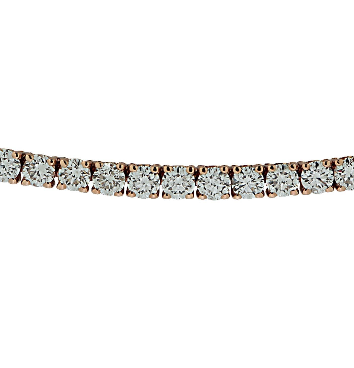 Exquisite Vivid Diamonds Straight Line diamond tennis necklace crafted in Rose Gold, showcasing 150 round brilliant cut diamonds weighing 10.95 carats, G-H color, VS-SI Clarity. Each diamond was carefully selected, perfectly matched and set in a