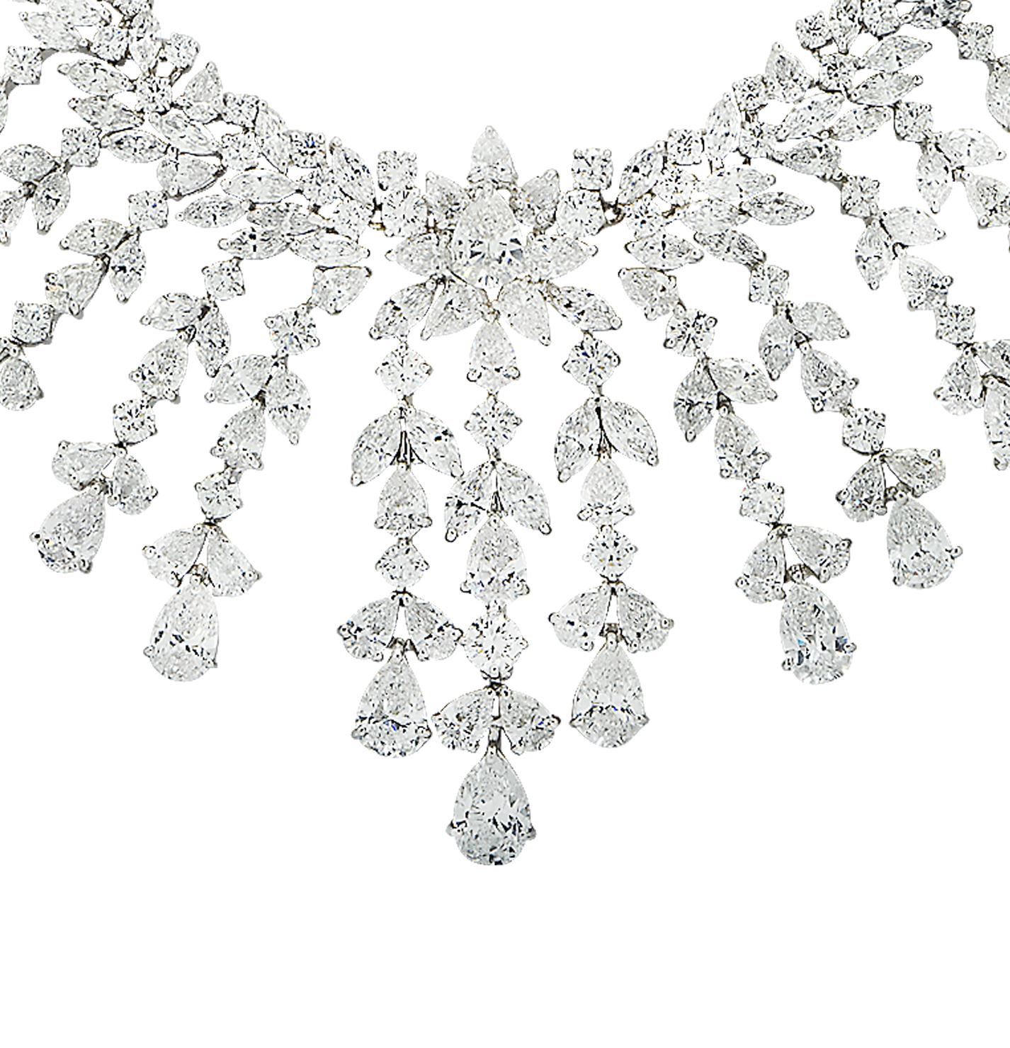Pear Cut Vivid Diamonds 119.13 Carat Diamond Bib Necklace For Sale