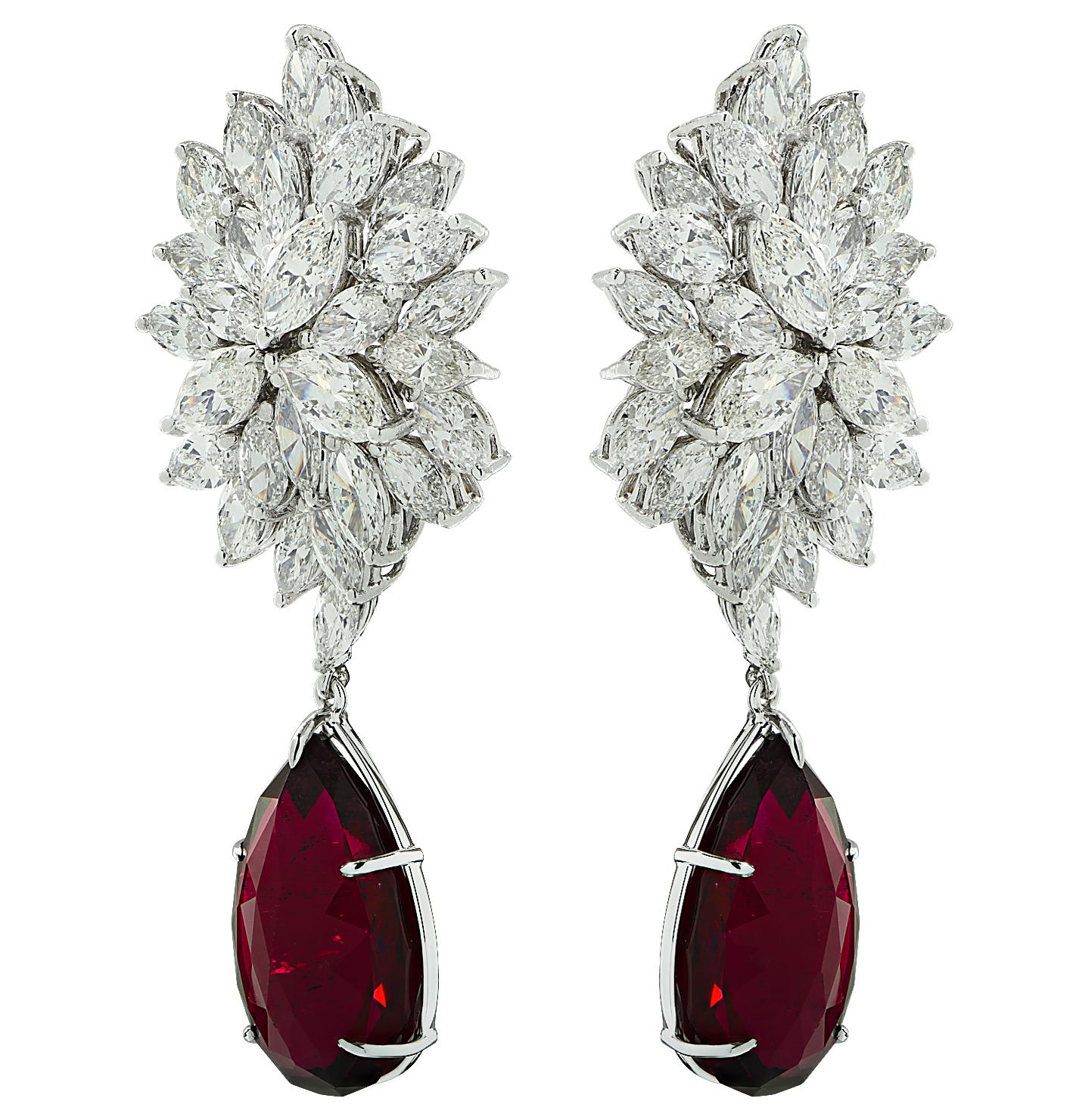 Pear Cut Vivid Diamonds 12.70 Carat Tourmaline and Diamond Dangle Earrings
