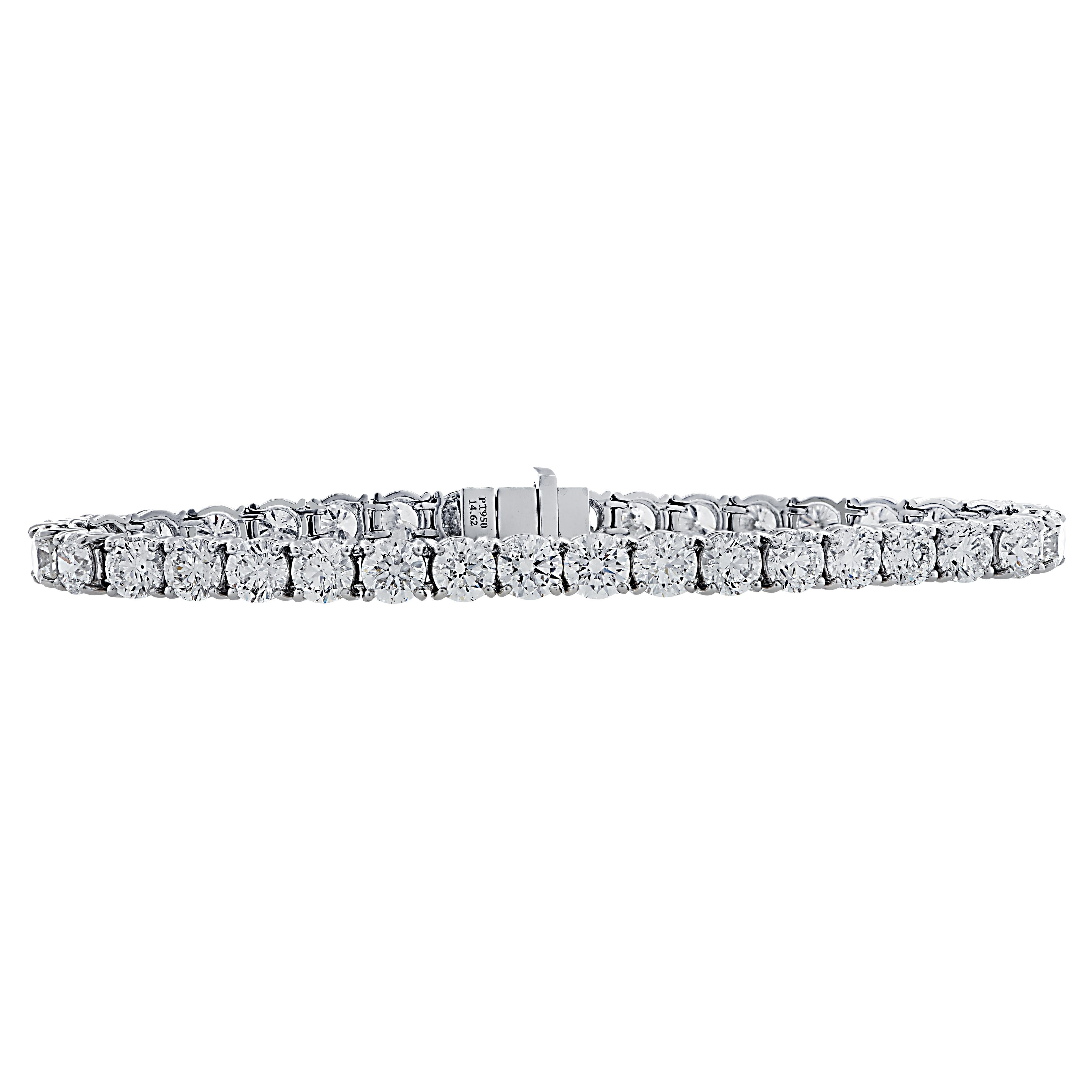 Exquisite Vivid Diamonds diamond tennis bracelet crafted by hand in platinum, showcasing 36 stunning round brilliant cut diamonds weighing 14.62 carats total, D-F color, VS-SI clarity. Each diamond is carefully selected, perfectly matched and set in
