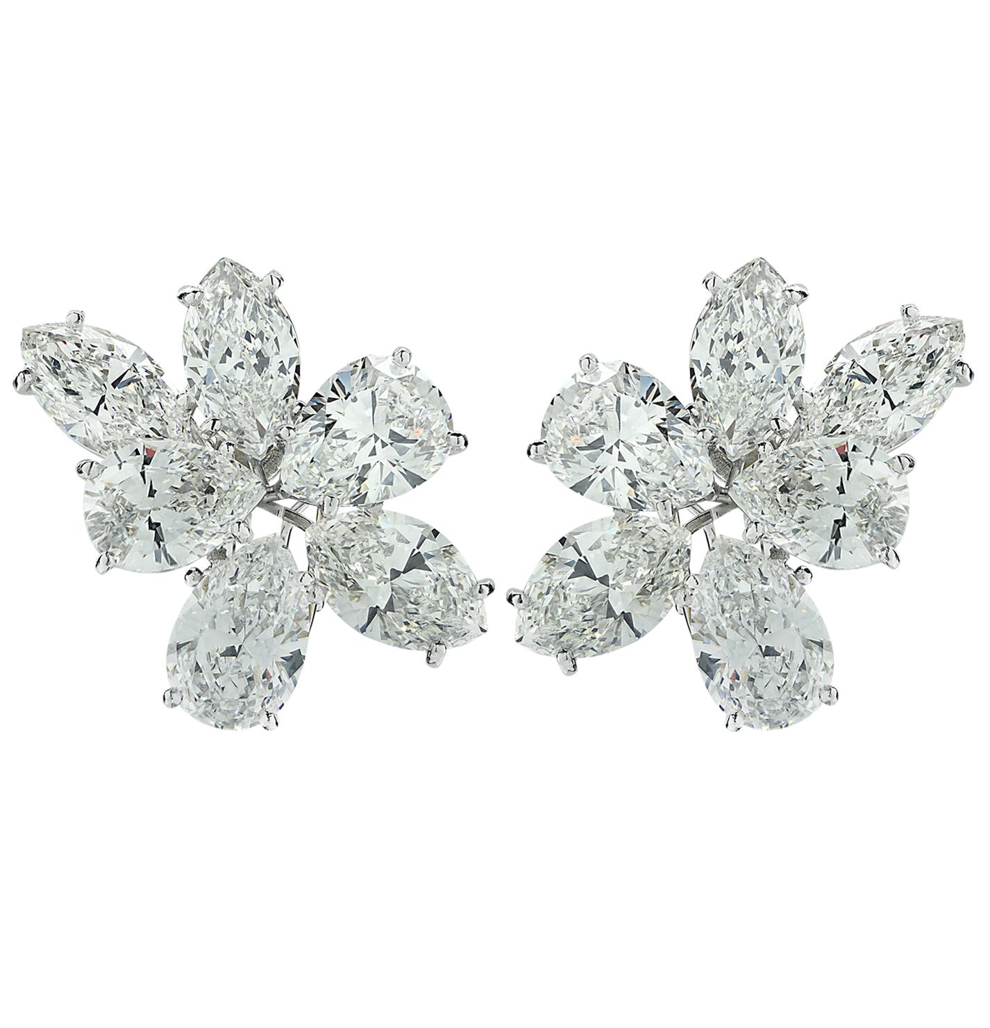 Sensational Vivid Diamonds earrings, crafted in platinum, showcasing 12 pear shape and marquise cut diamonds weighing 15.02 carats total, E-G color VVS/VS clarity. The diamonds are arranged in spectacular flower designs, capturing the unparalleled