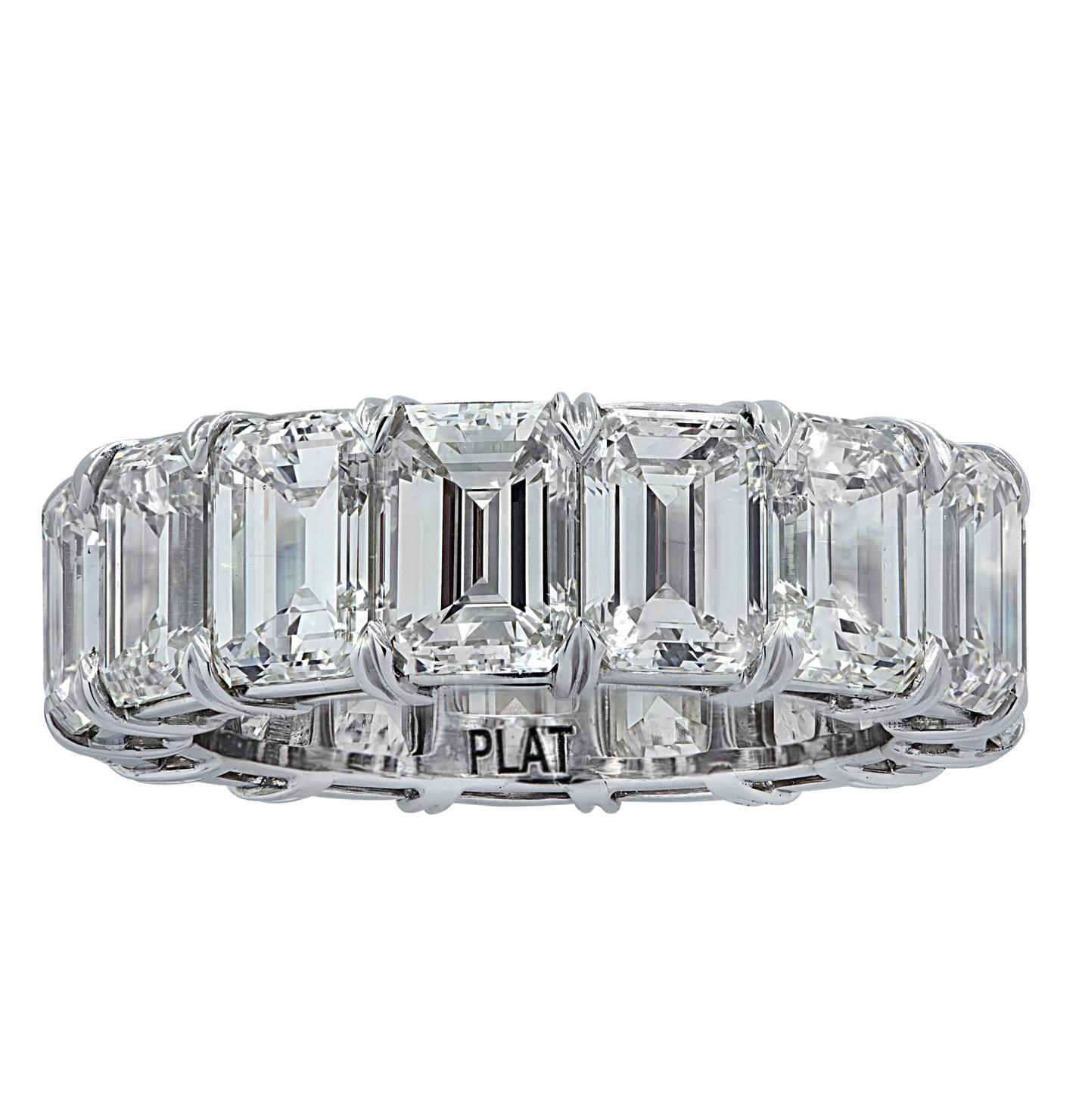 Exquisite eternity band crafted in Platinum, showcasing 15 stunning emerald cut diamonds weighing 15.57 carats total,  J-K color, VS clarity. Each diamond was carefully selected, perfectly matched and set in a seamless sea of eternity, creating a