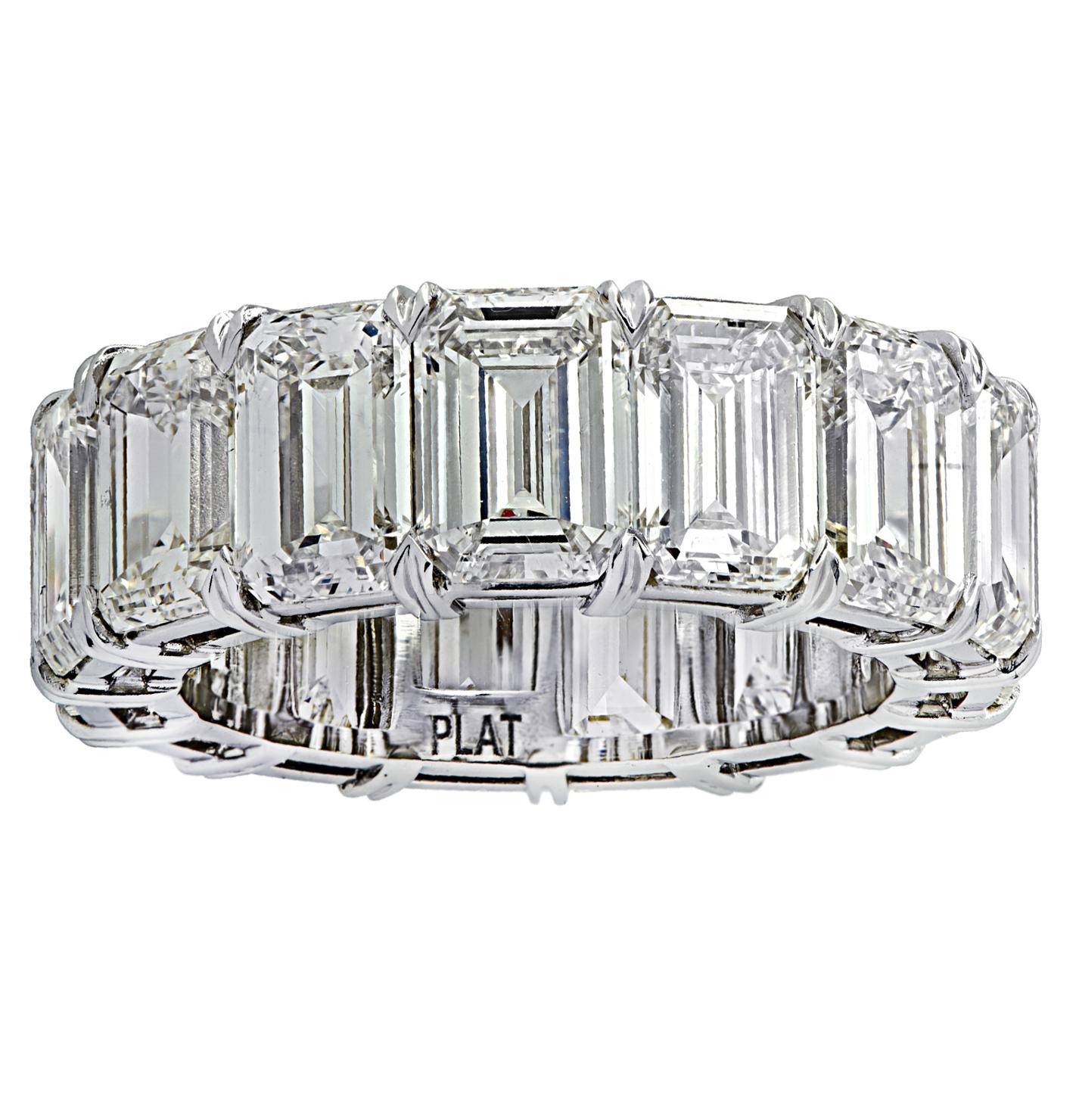 Exquisite Vivid Diamonds eternity band crafted by hand in Platinum, showcasing 15 stunning emerald cut diamonds weighing 15.58 carats total, J color, VVS-  VS clarity. Each diamond is carefully selected, perfectly matched and set in a seamless sea