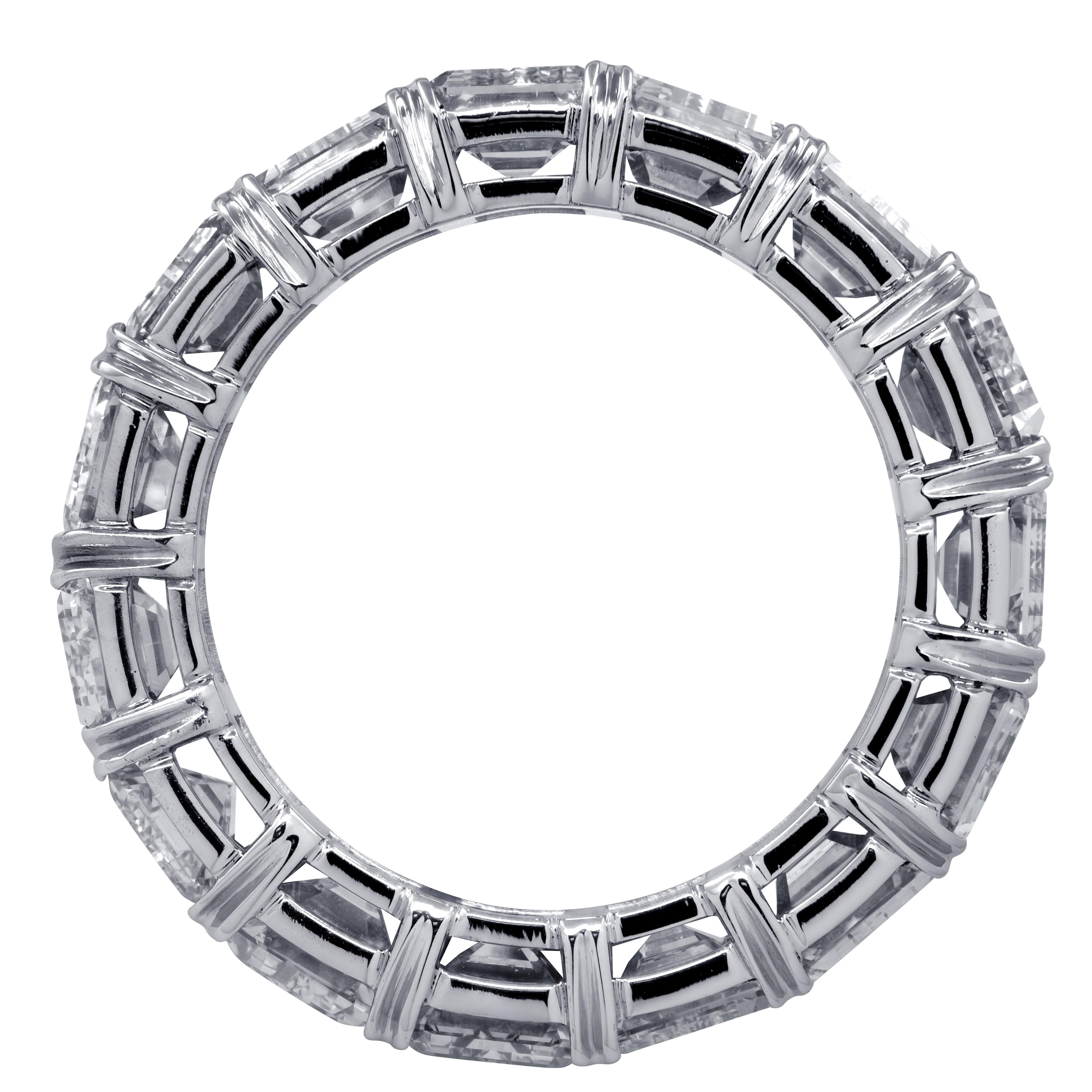 Exquisite Vivid Diamonds eternity band crafted by hand in Platinum, showcasing 16 stunning emerald cut diamonds weighing 16.24 carats total, H-I color, VS-SI clarity. Each diamond is carefully selected, perfectly matched and set in a seamless sea of
