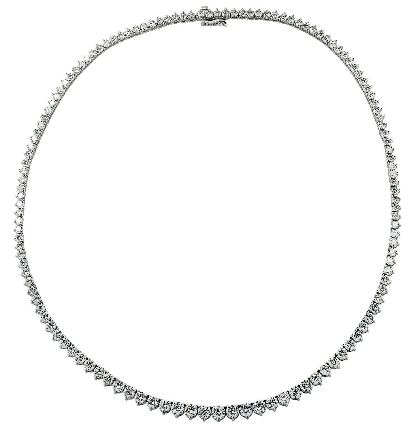 Vivid Diamonds diamond Riviera Necklace crafted in 14 Karat White Gold, featuring round brilliant cut diamonds weighing approximately 19.24 carats total, H-I color, SI clarity. The diamonds sweep around the neck in a dazzling display of brilliance