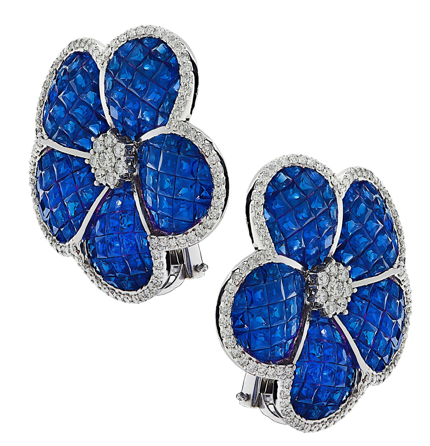 Modern Vivid Diamonds 22.05 Carat Sapphire & Diamond Flower Earrings For Sale